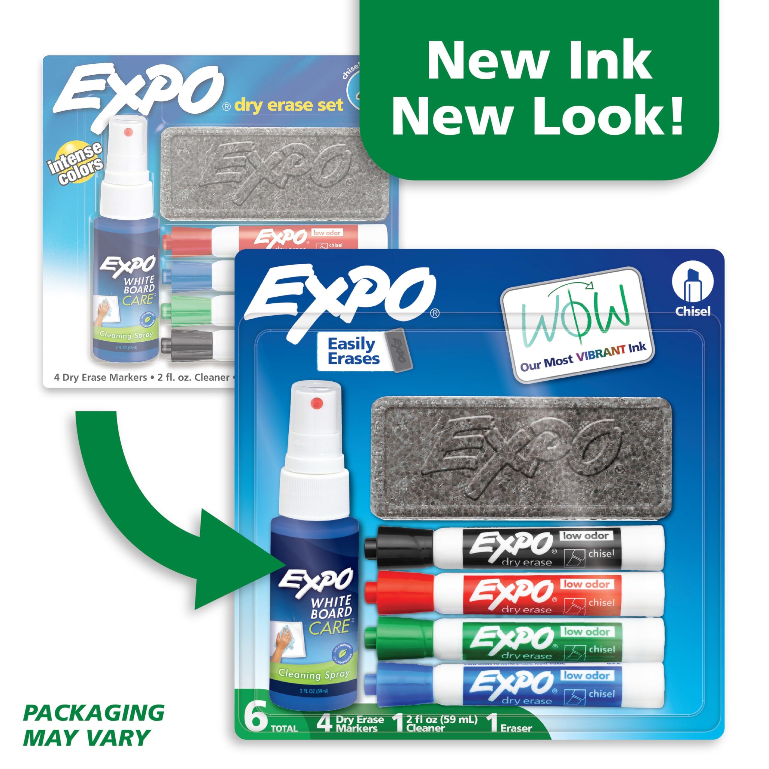EXPO Low Odor Dry Erase Marker Set with White Board Eraser and Cleaner Chisel Tip Dry Erase Markers Assorted Colors 6 Piece Set with Whiteboard Cleaner - Image 3