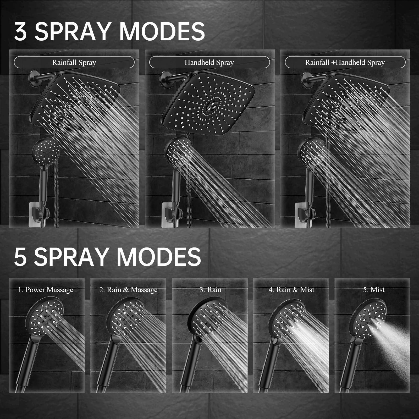 Veken 11.8 Inch Rain Shower Head with Handheld- High Pressure Dual Shower Heads with 5 Modes Handheld Spray Combo- Wide Rainfall Showerhead with Hose, Bathroom Accessories, Matte Black - Image 4