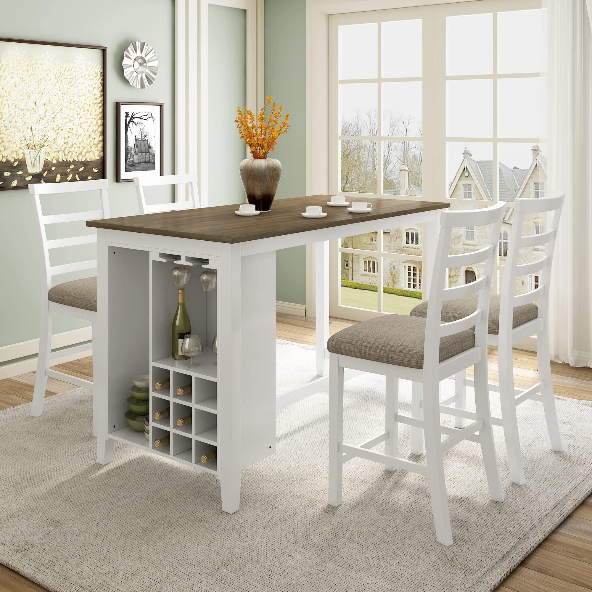 LUMISOL Farmhouse Rustic Kitchen Dining Room Table Set with Chairs for Small Space Table with Wine Rack and Wineglass Holder and Upholstered Chair with Highback, 5 Piece Dining Table Set - Image 5