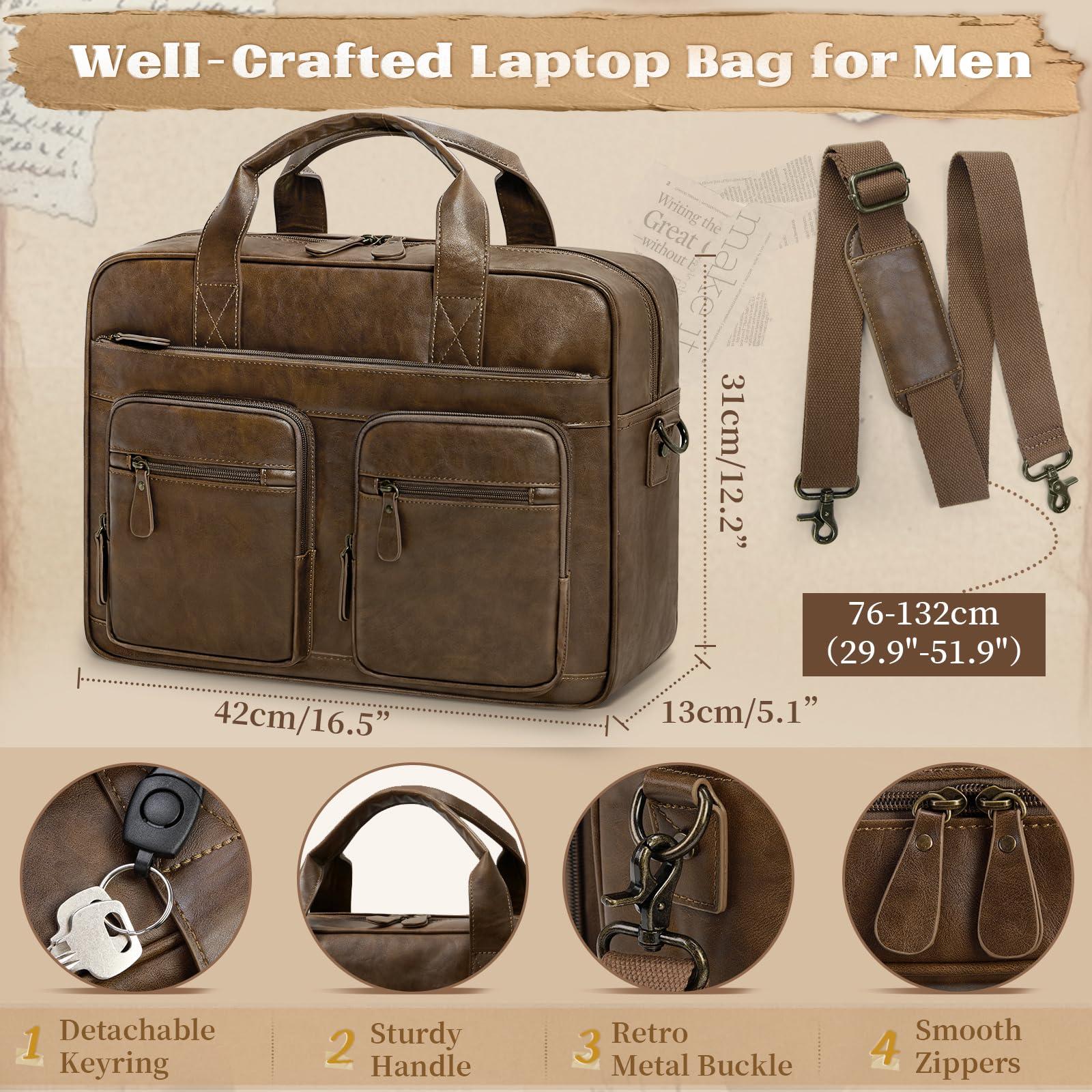 RAINSMORE Vintage Messenger Bag for Men PU Vegan Leather Computer Laptop Bag 15.6 Inch Waterproof Briefcases for Men Retro Mens Briefcase Satchel Bag for Work Office Business Travel Brown - Image 6