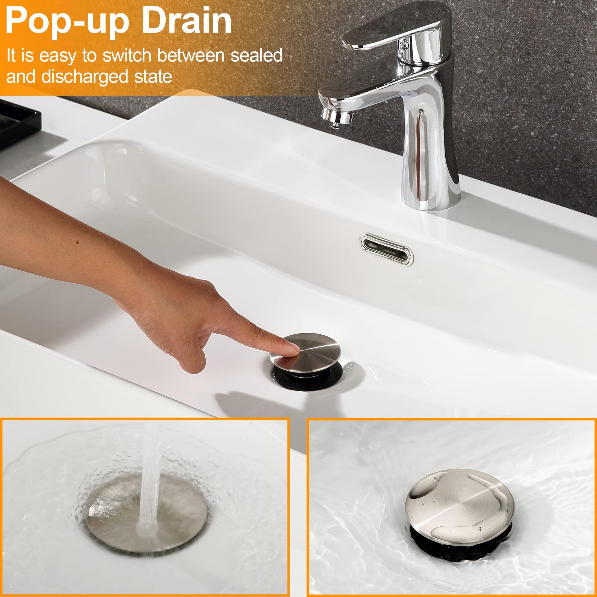 TIORIY Pop Up Bathroom Sink Drain - Bathroom Sink Stopper with Overflow for Faucet Vessel, Push Type Bathroom Sink Vanity Assembly with Strainer, Brushed Nickel - Image 7