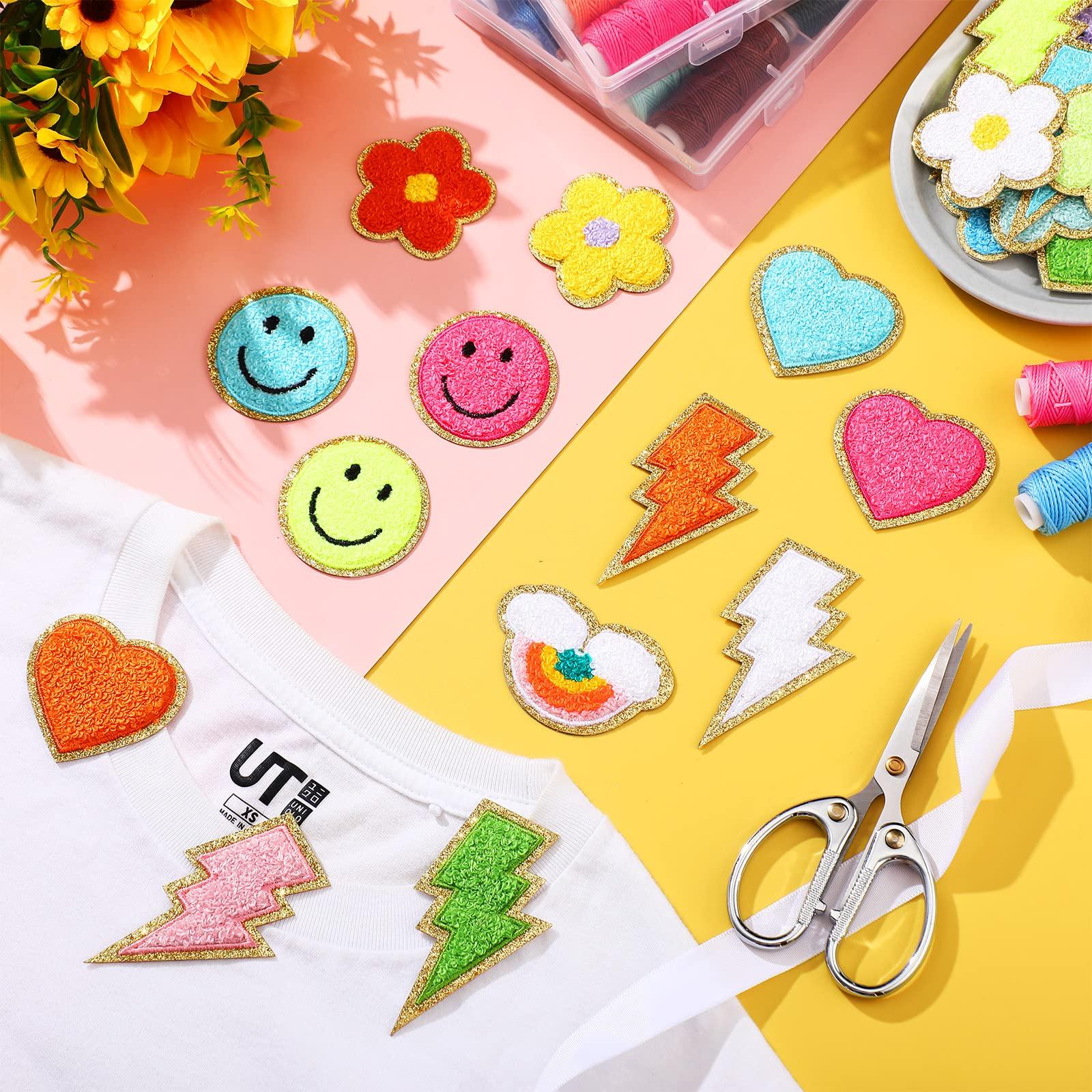 Hanaive 80 Pcs Chenille Patches Self Adhesive Patches 3D Cute Embroidered Rainbow Lightning Smile Face Heart Applique Sewing Badges Patch for Fabric Clothing Jackets Jeans DIY (Self Adhesive) - Image 2