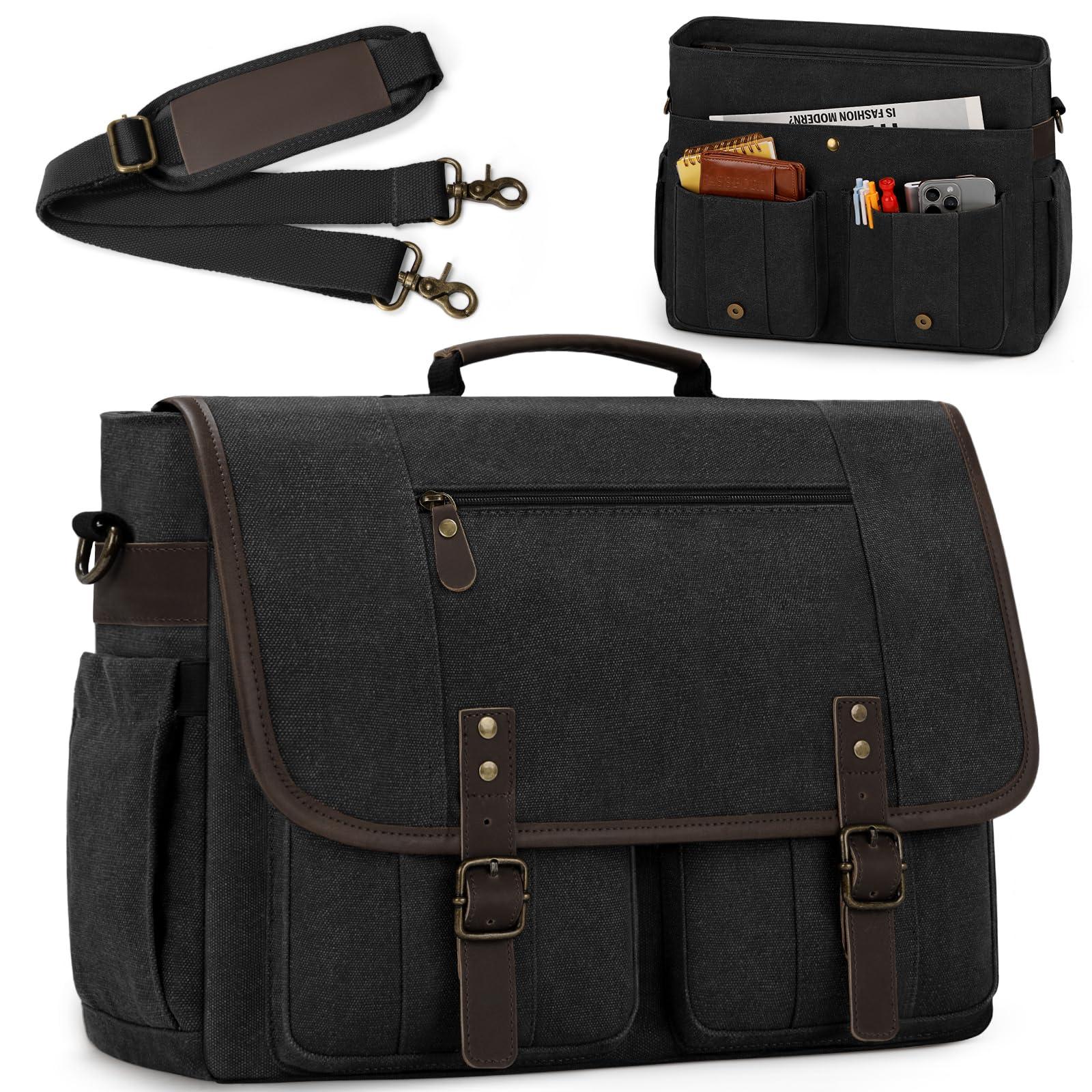 RAINSMORE Mens Messenger Bag 17-17.3 Inch Vintage Canvas Briefcase Water-resistant Large Computer Laptop Bag Rugged Satchel Shoulder Bag for Work Travel, Bookbag for College