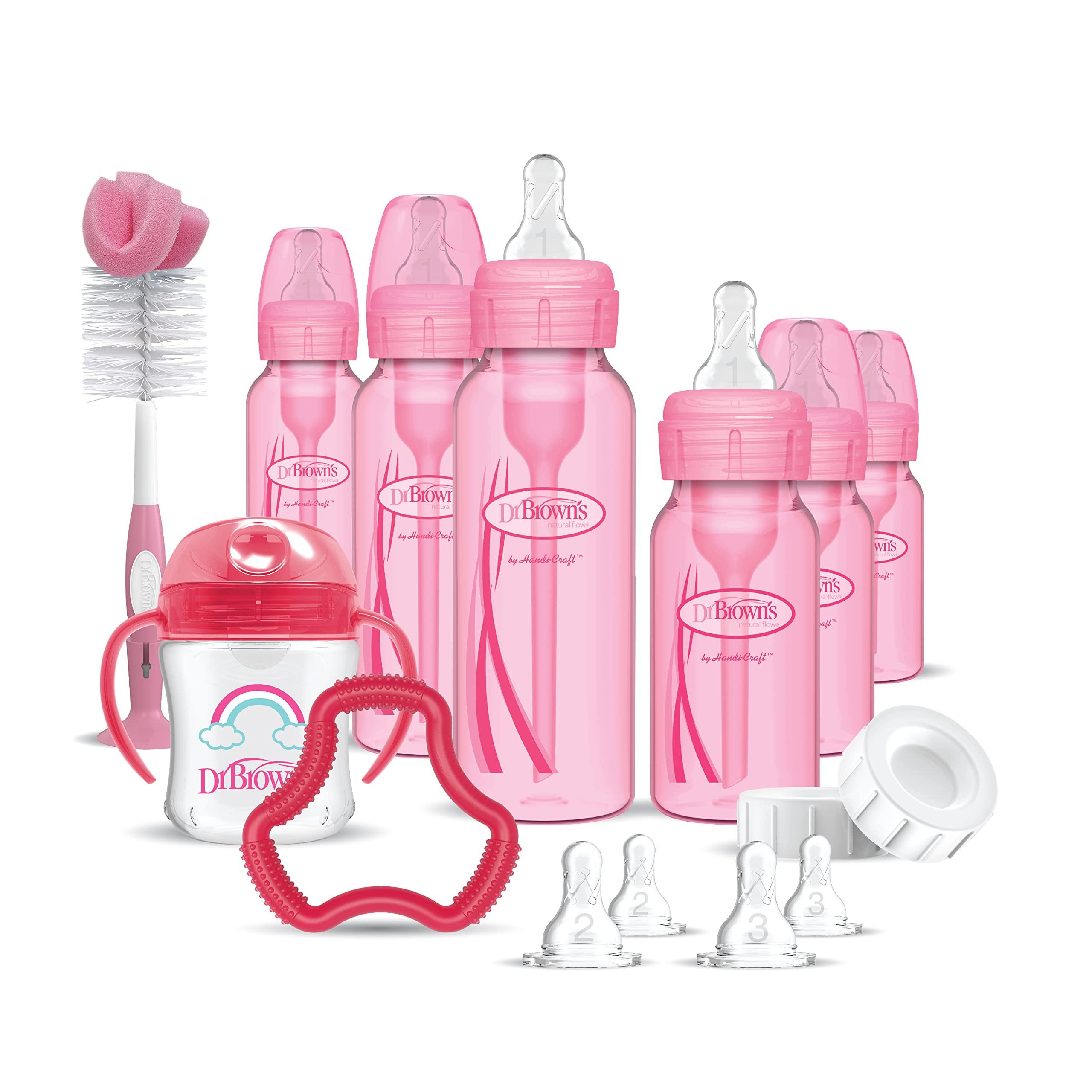 Dr. Brown's Natural Flow Anti-Colic Options+ Special Edition Pink Baby Bottle Gift Set with Soft Sippy Spout Transition Cup, Flexees Teether, Bottle Cleaning Brush and Travel Caps - Image 1