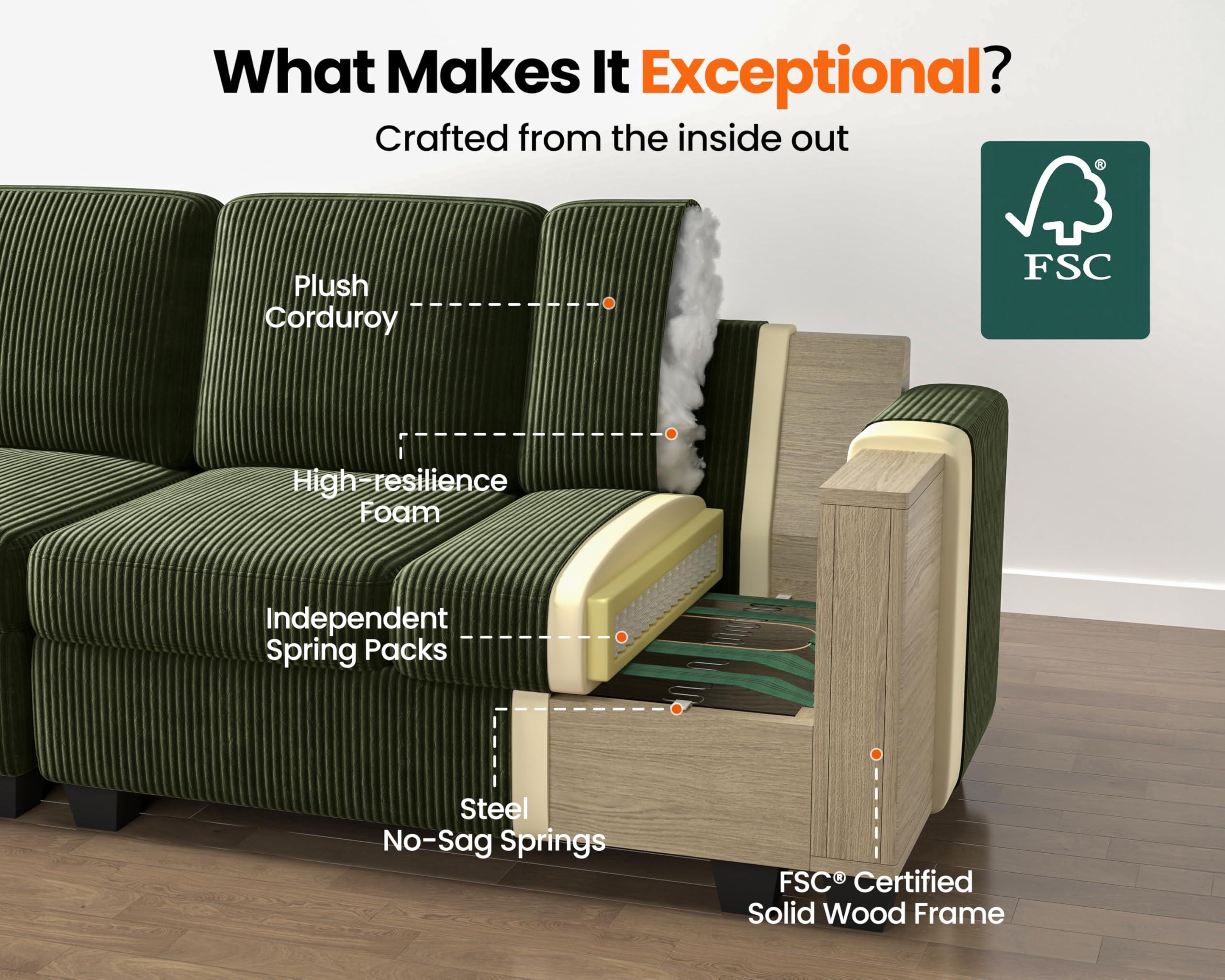 CHIC HOUSE Corduroy Modular Sectional Couch with Ottoman Chaise, L/U Shaped Sleeper Sofa for Living Room, Apartment, Lounge, Modern Armrest Neck Support Furniture (5 Seater Sectional, Green) - Image 4