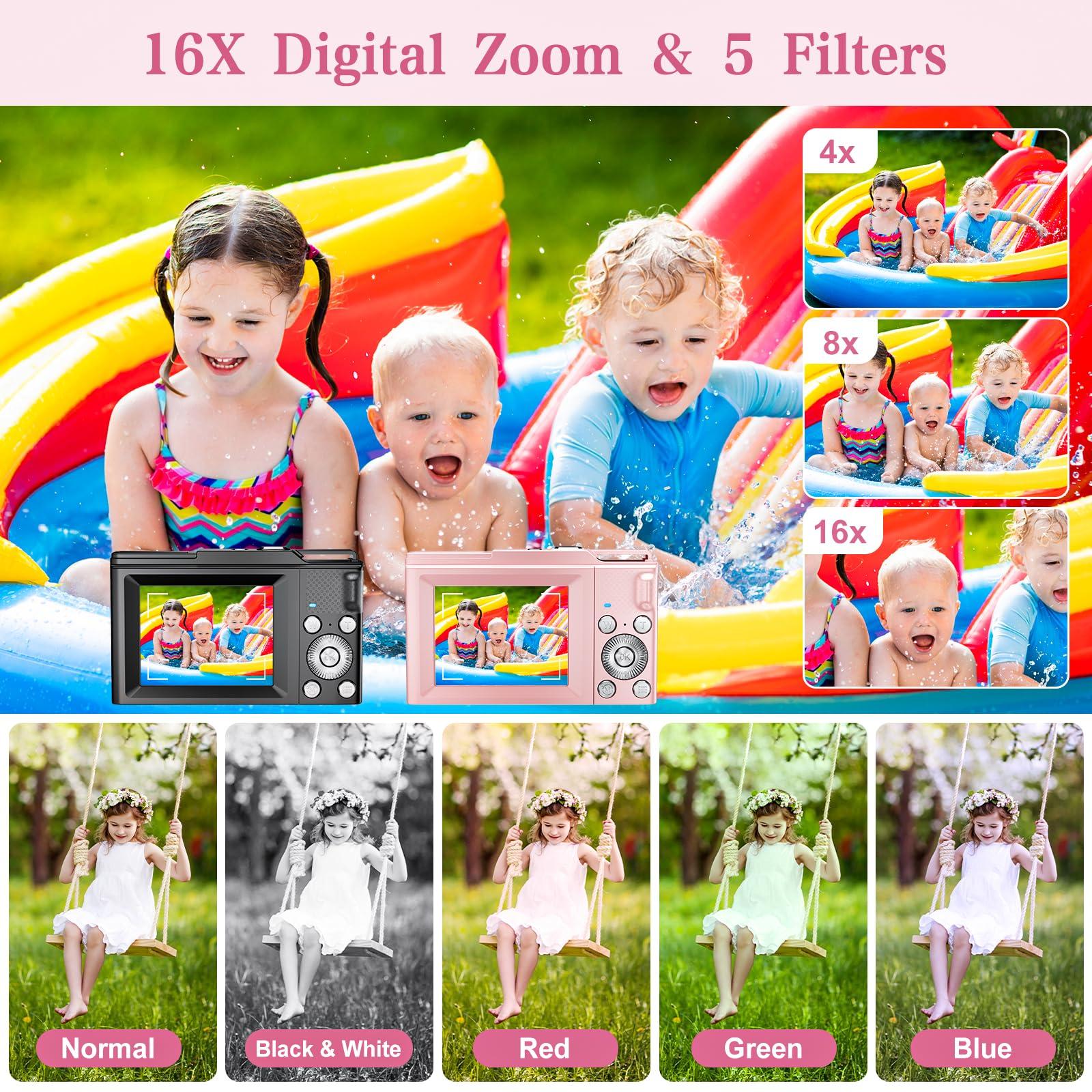 Digital Camera, FHD 1080P Kids Point and Shoot Camera with 16X Digital Zoom, Anti-Shake, Flash, 32GB Card, Portable Compact Travel Camera for Boys, Girls (Pink) - Image 3