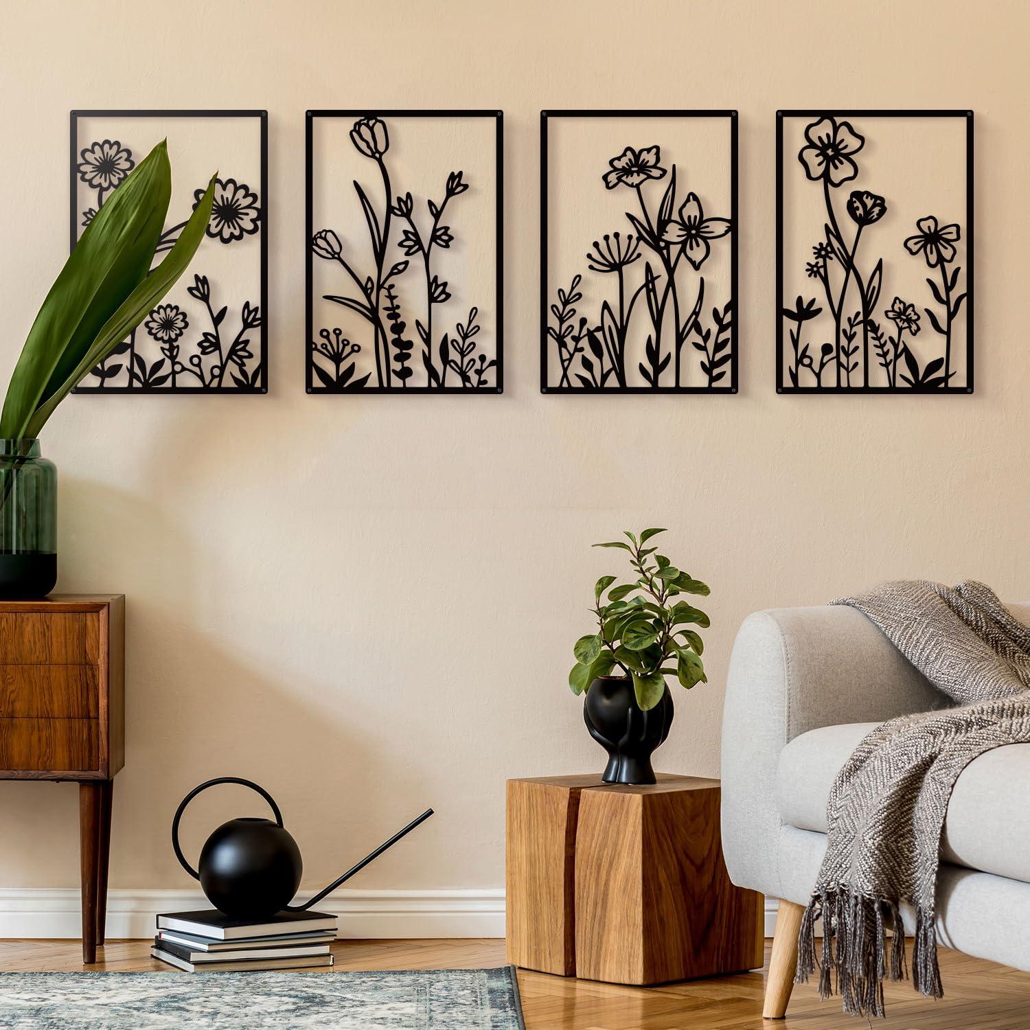 Sokurdeg Black Metal Flowers Wall Decor, Minimalist Floral Wall Hanging Art, Black Abstract Line Wall Art Sculptures for Bedroom Bathroom Living Room (4 Pcs, 12 x 17 in) - Image 7
