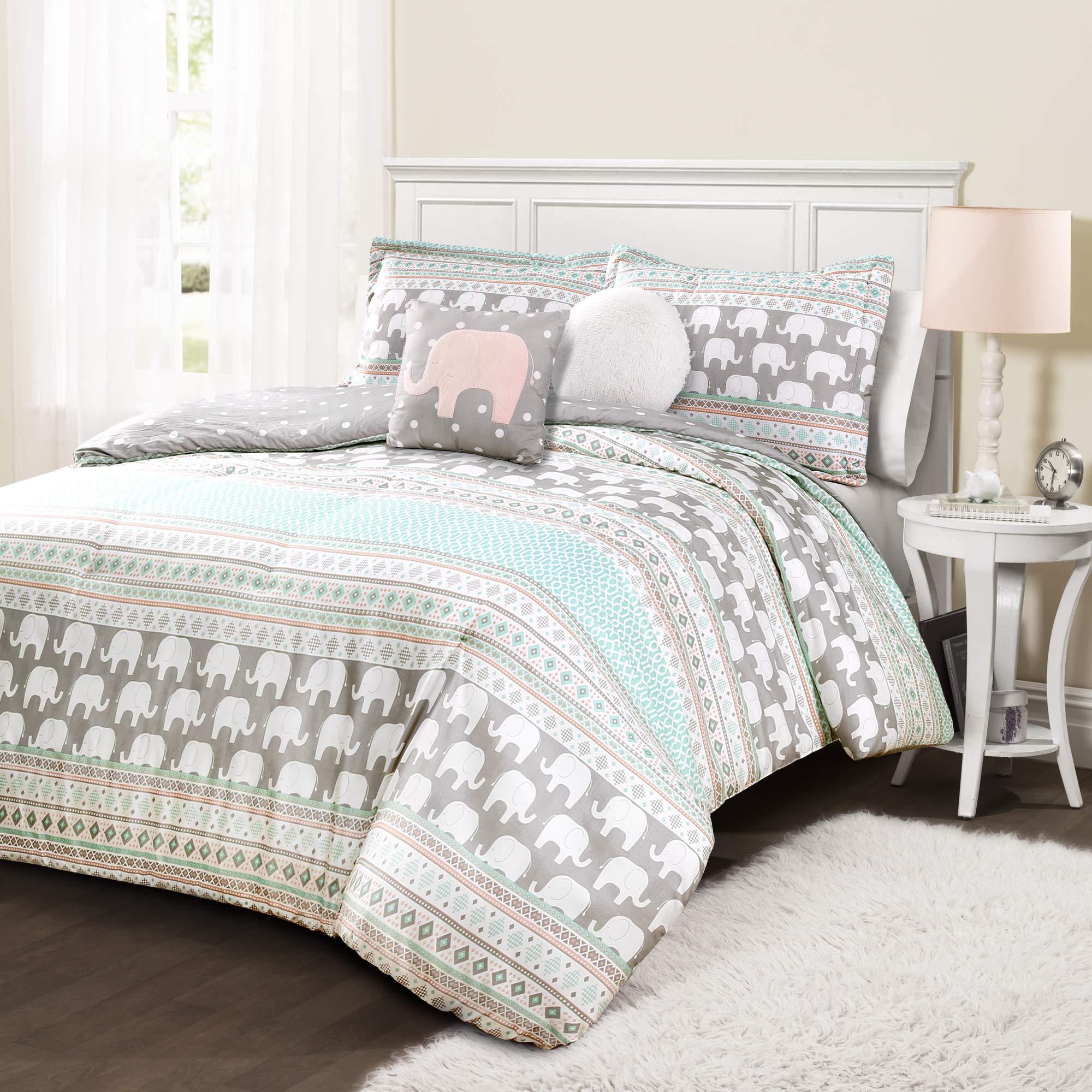 Lush Decor Pink-and-Turquoise Elephant Striped 4-Piece Comforter Bed Set, Reversible Bedding (Twin)