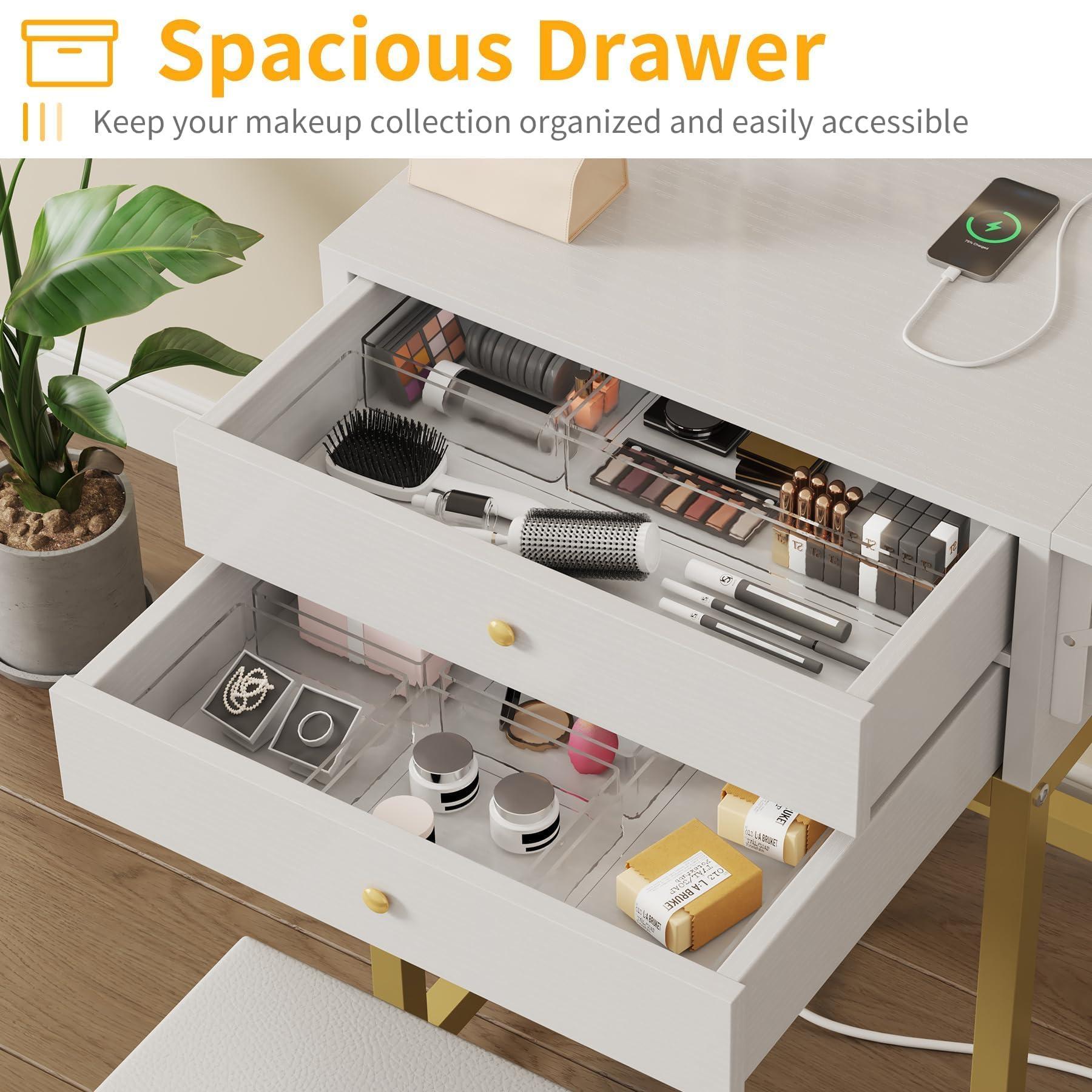 KAI-ROAD Small Makeup Vanity Desk with Lights - White Girls Vanity Set with Mirror and Chair, Make Up Dresser Table with Drawers and Power Outlet for Bedroom Small Space, Gold - Image 5