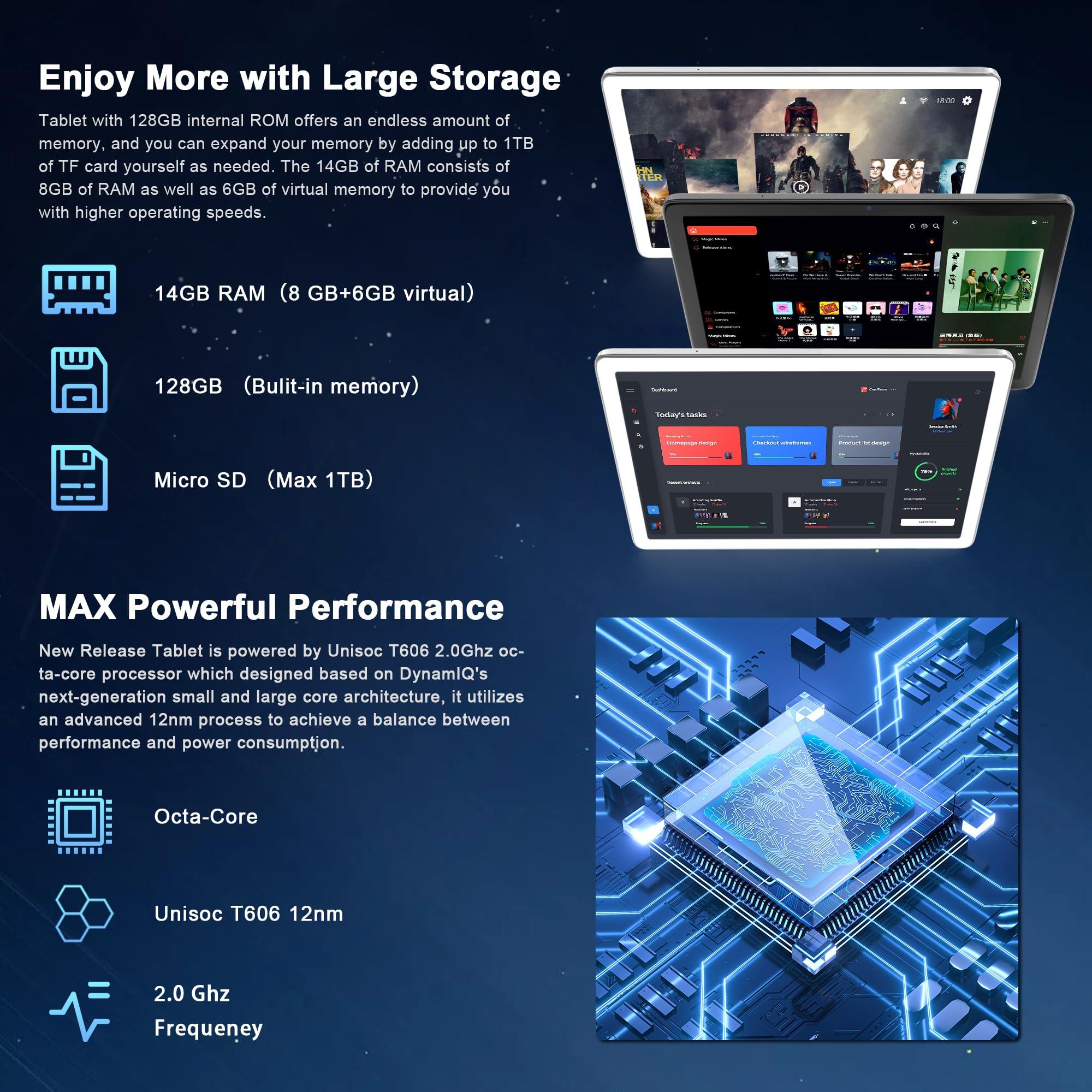 2025 Latest Android 14 Tablet, 10 inch Tablet with 128GB Storage 1TB Expandable 14GB RAM, Dual 4G Cellular Tablets with keyboard Support 5Ghz WiFi/Bluetooth 5.0, Octa-Core Processor, FHD IPS Screen - Image 3