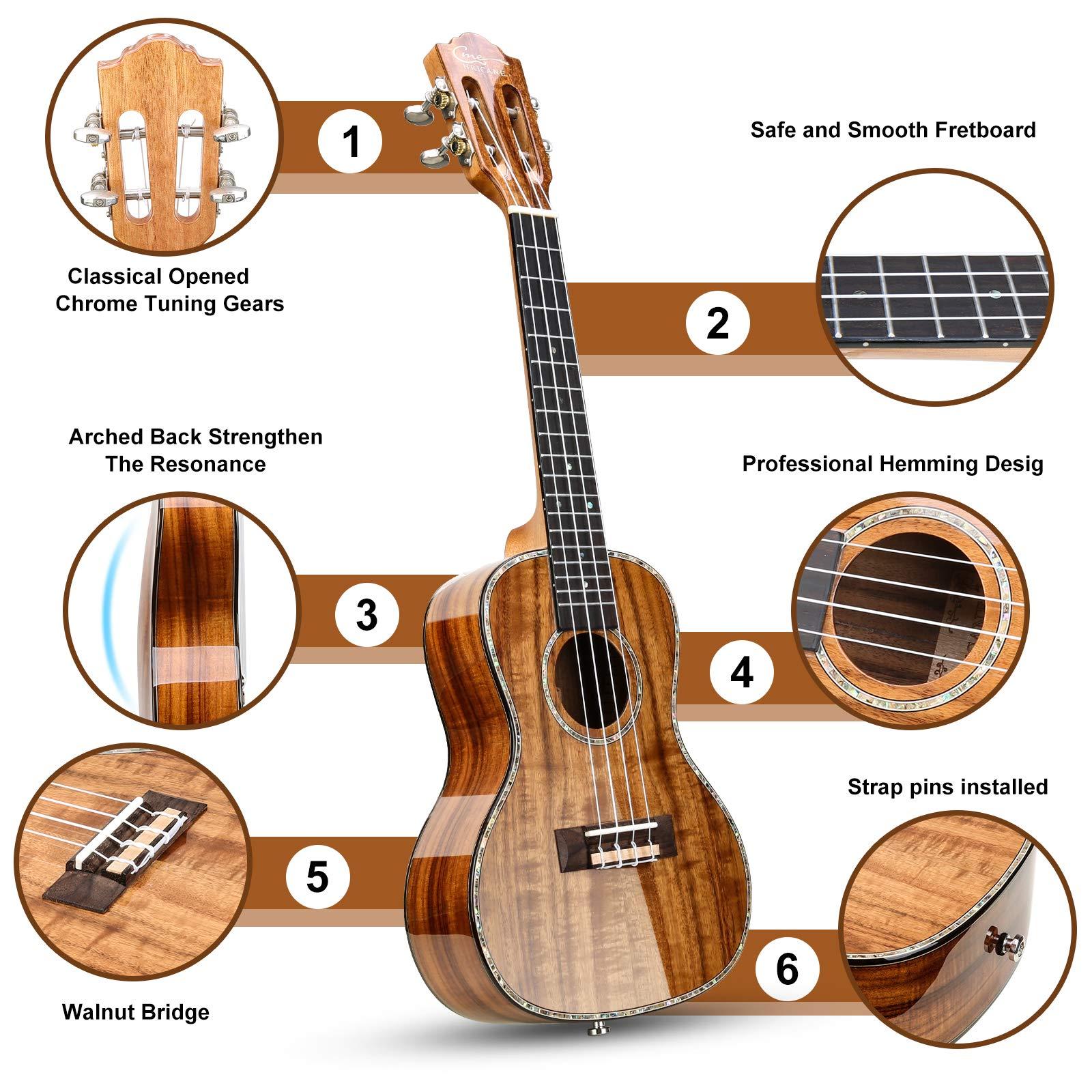 Hricane Professional Concert Ukulele 23 Inch for Adults, Koa Acacia Solid Wood Ukelele Beginners Kit Glossy Satin Finished Body with Gig Bag Tuner Strap Strings Set Pick - Image 2