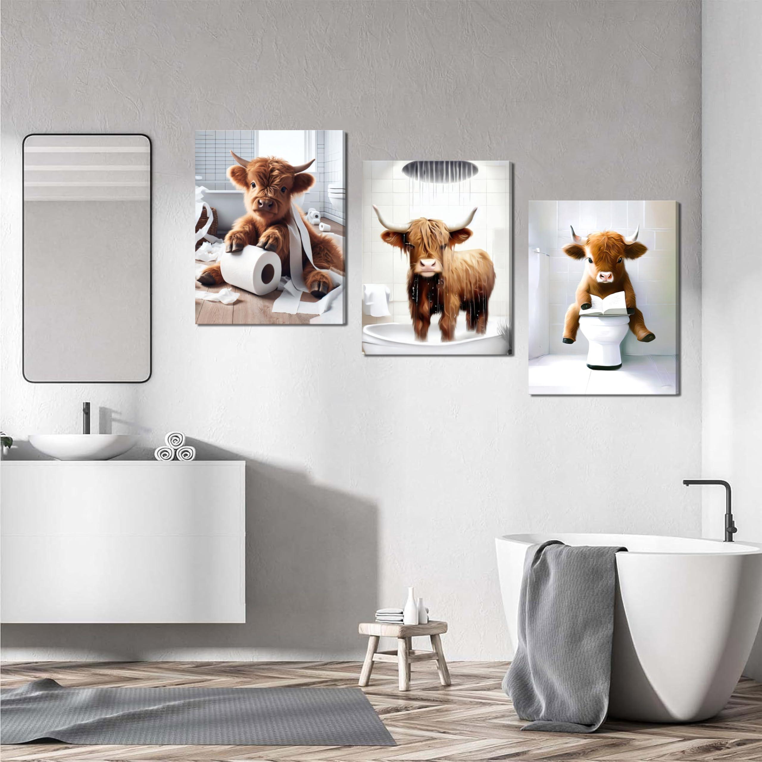 Funny Bathroom Highland Cow Wall Art, Brown Cute Cow Animal Canvas Posters Prints Set of 3, Vintage Rustic Farmhouse Home Pictures Wall Decor Painting for Bathroom Restroom Framed 12x16 Inch - Image 5