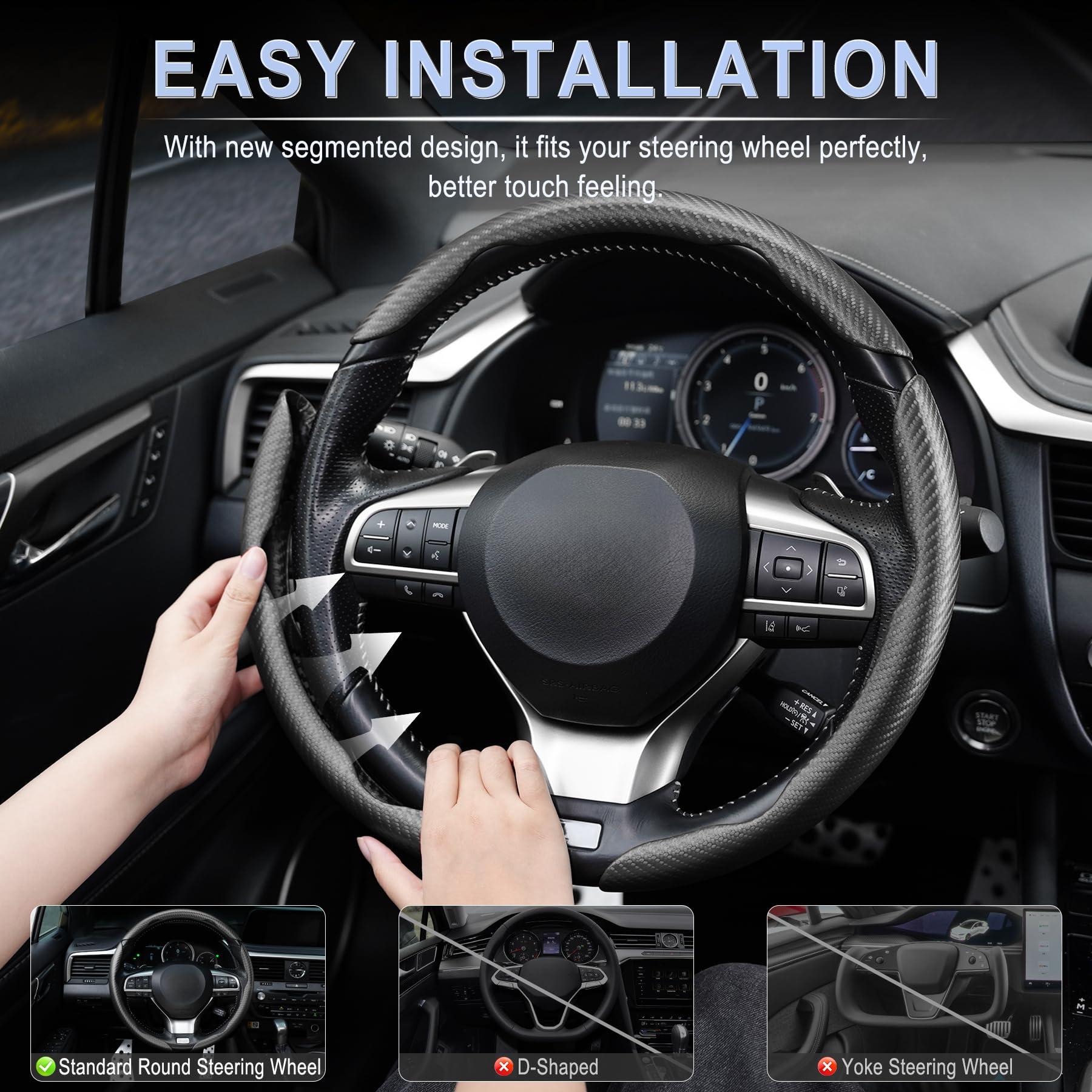 Amiss 3pcs Carbon Fiber Anti-Skid Steering Wheel Cover, Segmented & Butterfly Design, Universal 99% Car Wheel Cover Protector, Black - Image 4