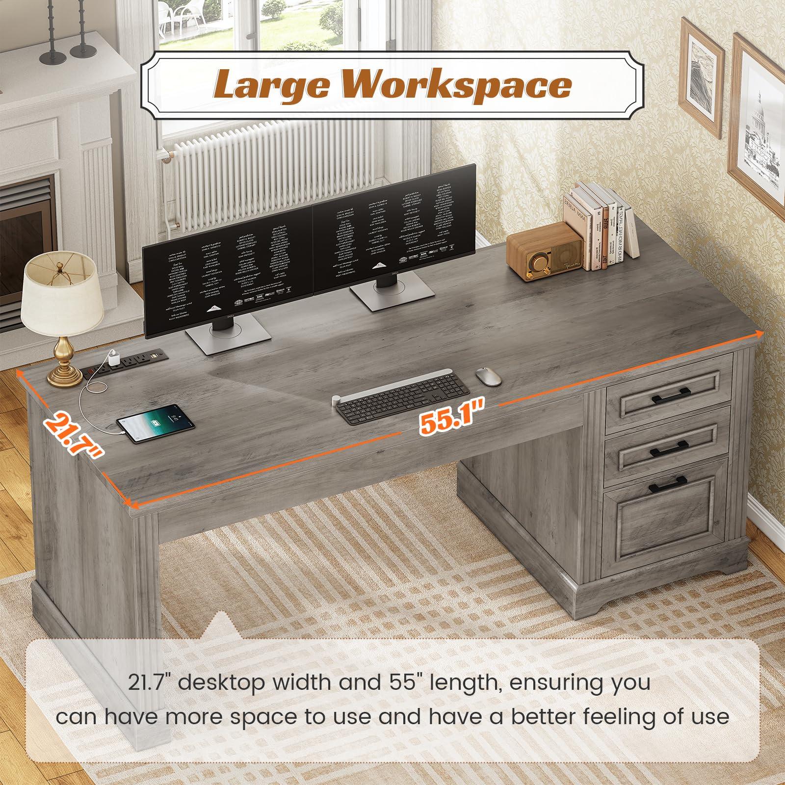 SEDETA Executive Office Desk with 3 Drawers, Farmhouse 55" Computer Desk with Storage File Drawers & Power Outlet for Home Office, Grey - Image 6