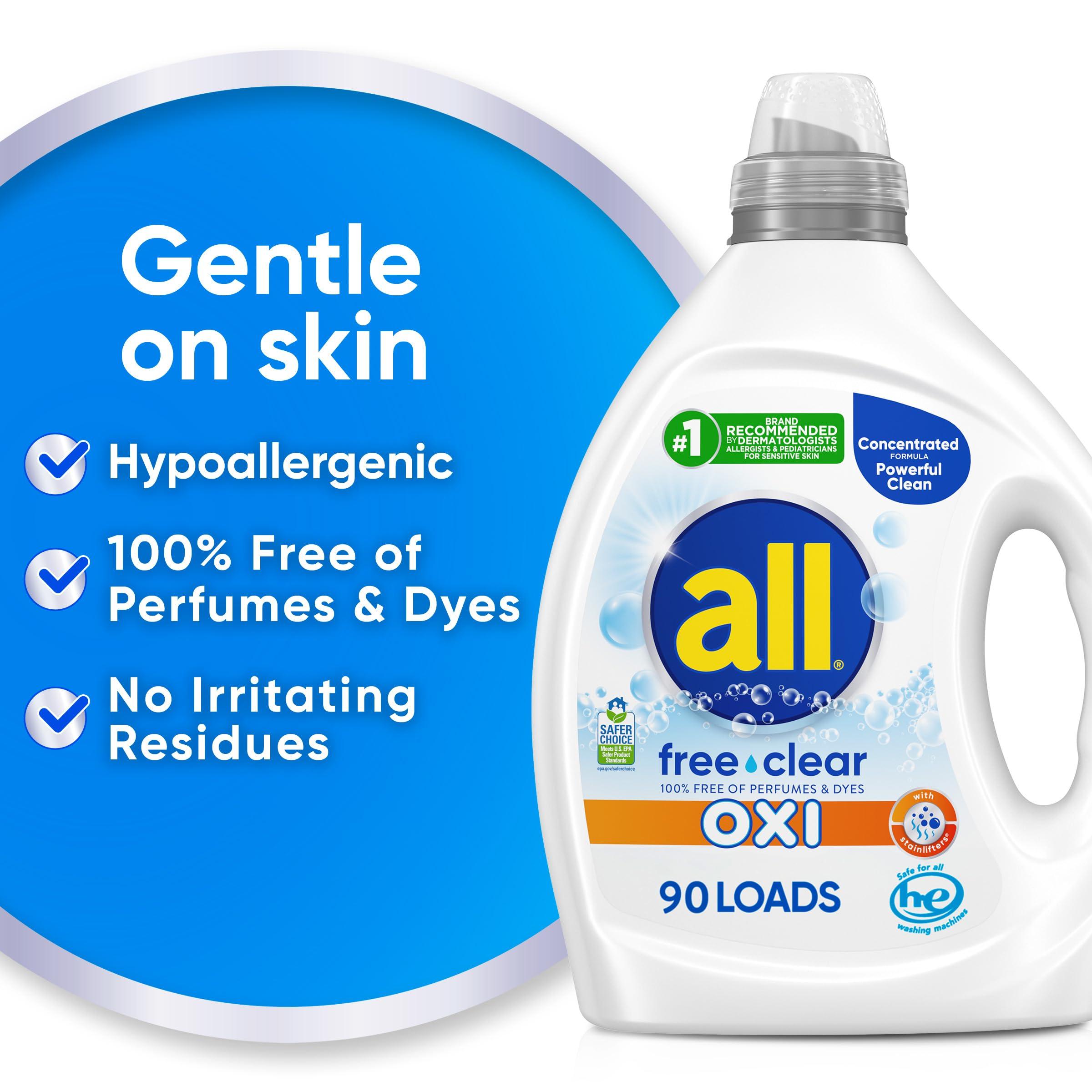 all Liquid Laundry Detergent, Free Clear for Sensitive Skin with OXI, Unscented and Hypoallergenic, 2X Concentrated, 90 Loads - Image 4