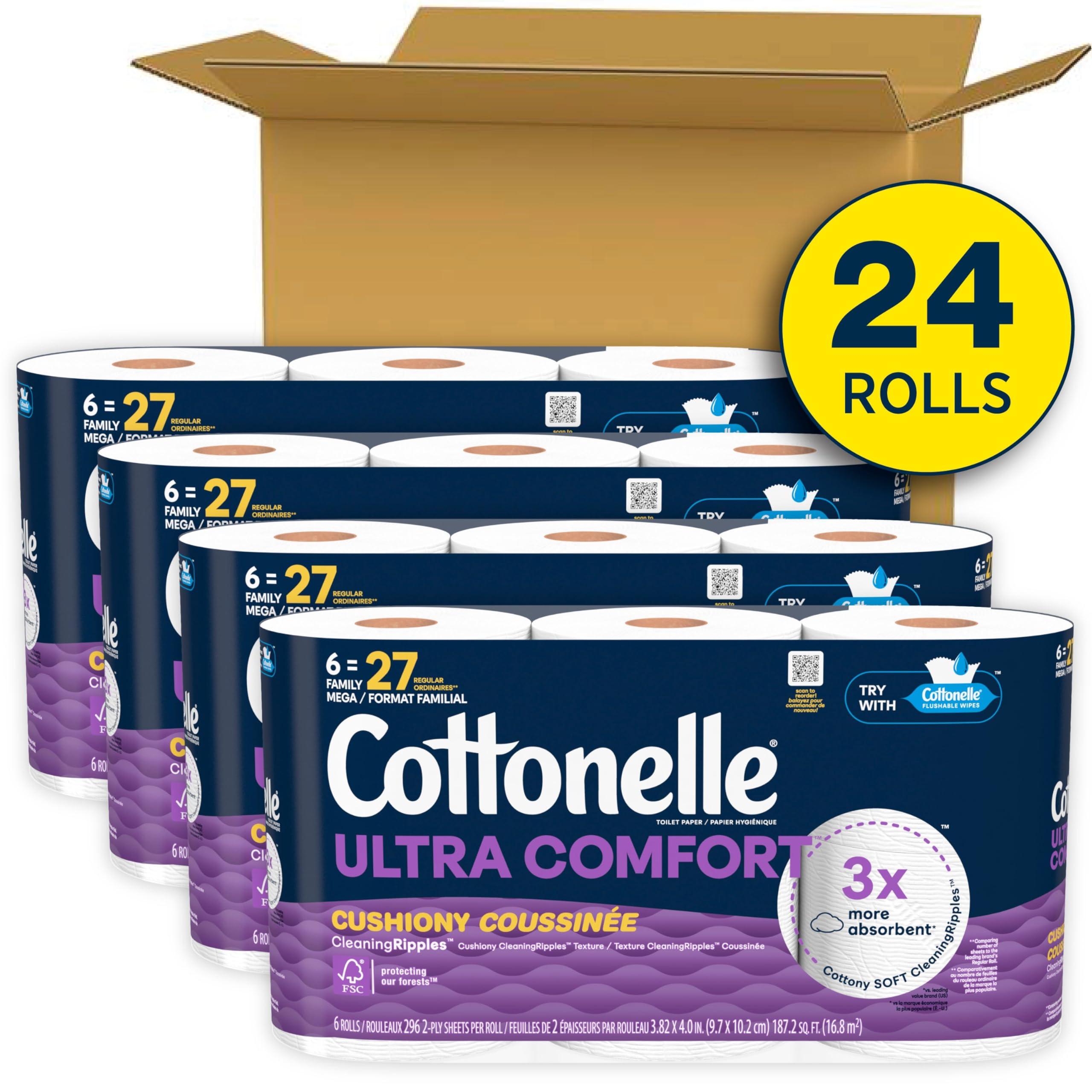 Cottonelle Ultra Comfort Toilet Paper with Cushiony CleaningRipples Texture, Strong Bath Tissue, 24 Family Mega Rolls = 108 Regular Rolls (4 Packs of 6) - Image 2