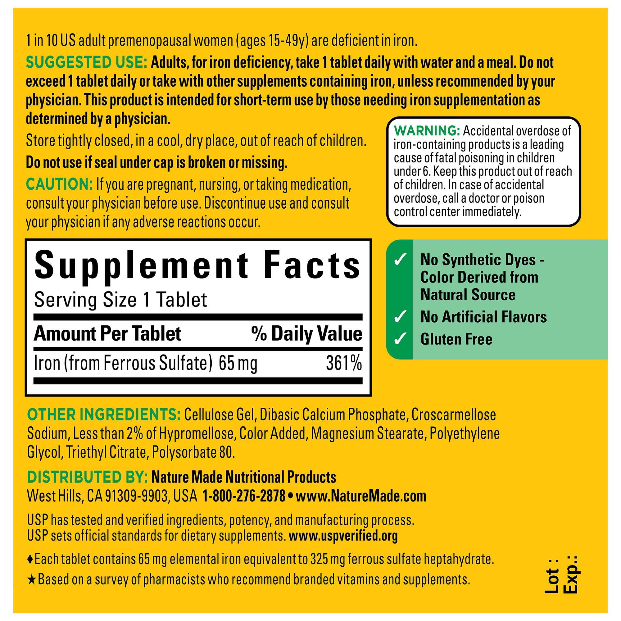 Nature Made Iron 65 mg (325 mg Ferrous Sulfate) Tablets, Dietary Supplement for Red Blood Cell Support, 180 Tablets, 180 Day Supply - Image 5