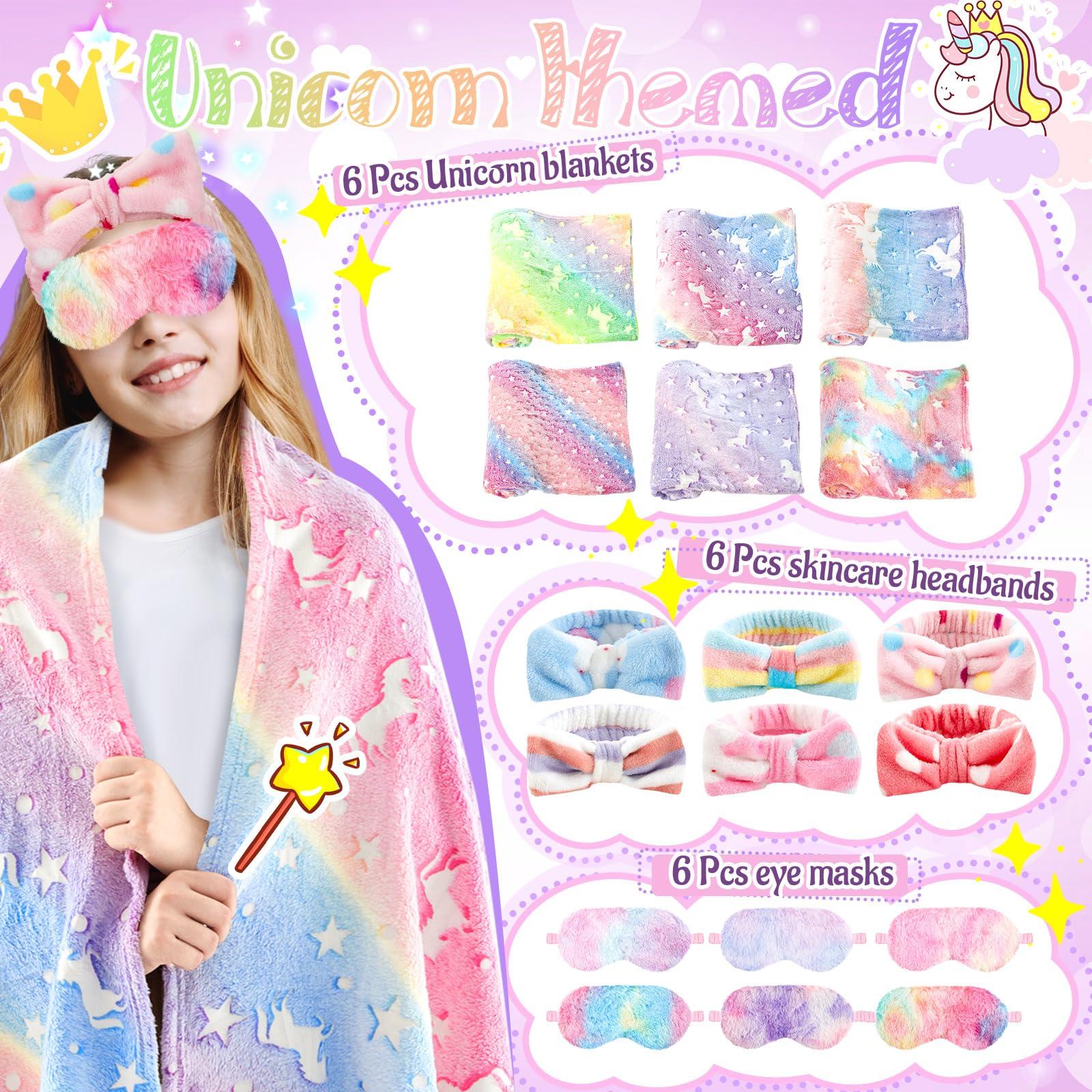 Fanfanwin 18 Pcs Sleepover Party Supplies for Girls, 6 Glow in The Dark Pink Blanket 6 Coral Fleece Spa Headband 6 Plush Eye Mask Covers for Sleeping Slumber Sleepover Spa Party Gift(Cute) - Image 3