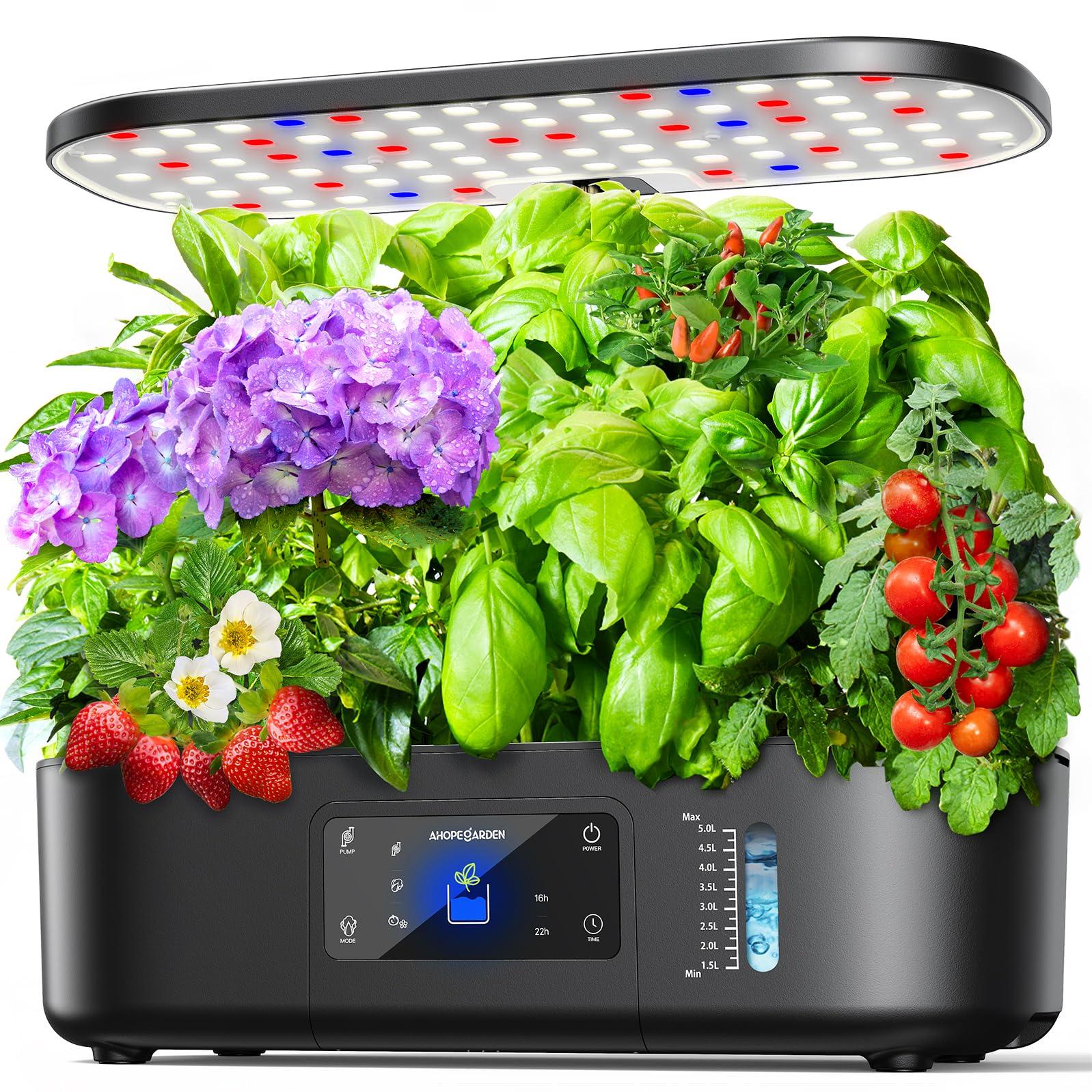 Ahopegarden Hydroponics Growing System Kit Indoor Herb Garden with Grow Light 12 Pods, with LCD Touch Panel Hydroponic Planter, Planting Height Up to 17", Grower Harvest Fresh Veggie Lettuce, Black
