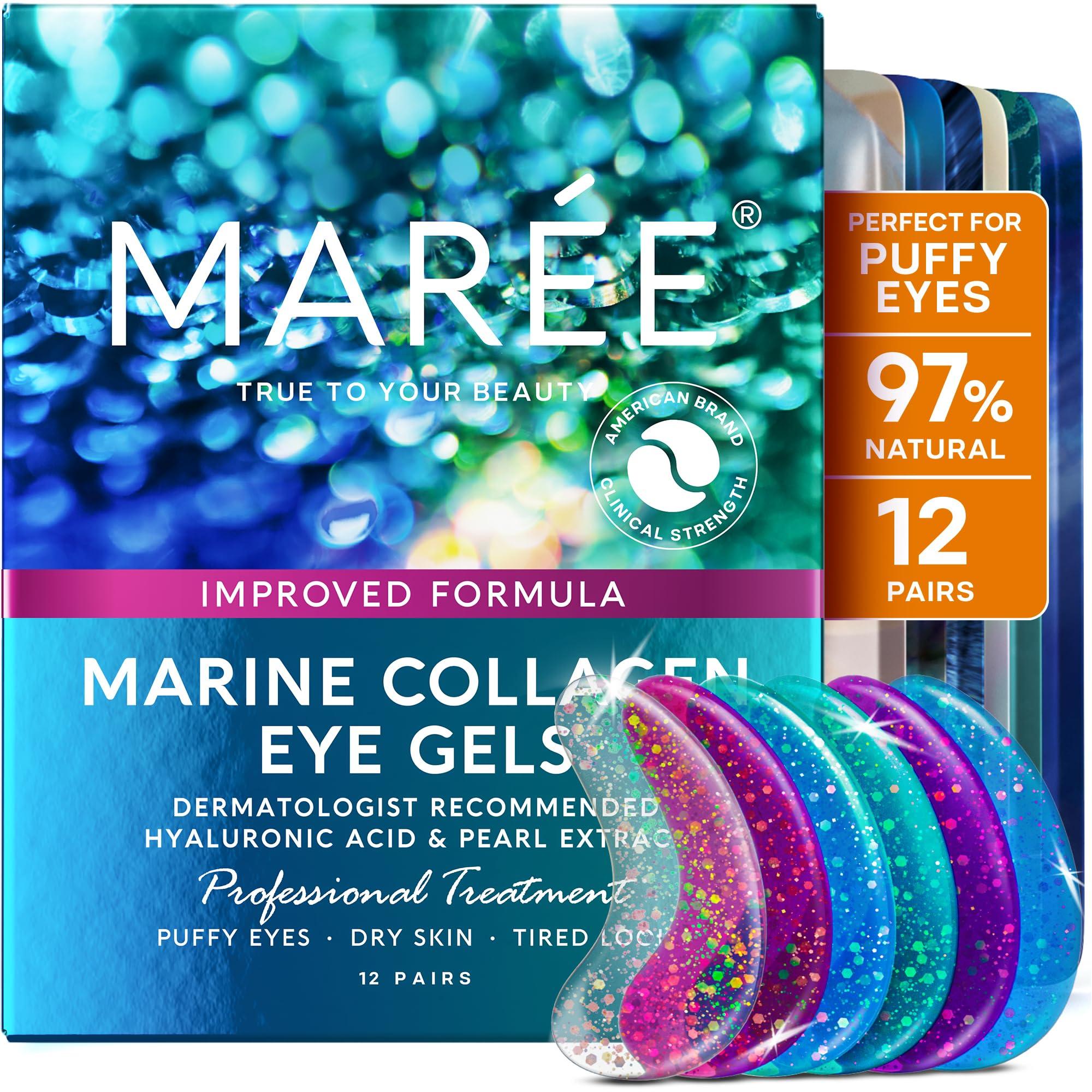 MAREE Eye Gels - Under Eye Patches for Puffy Eyes and Dark Circles with Natural Marine Collagen & Hyaluronic Acid - Anti-Aging Masks for Face to Soothe Puffiness