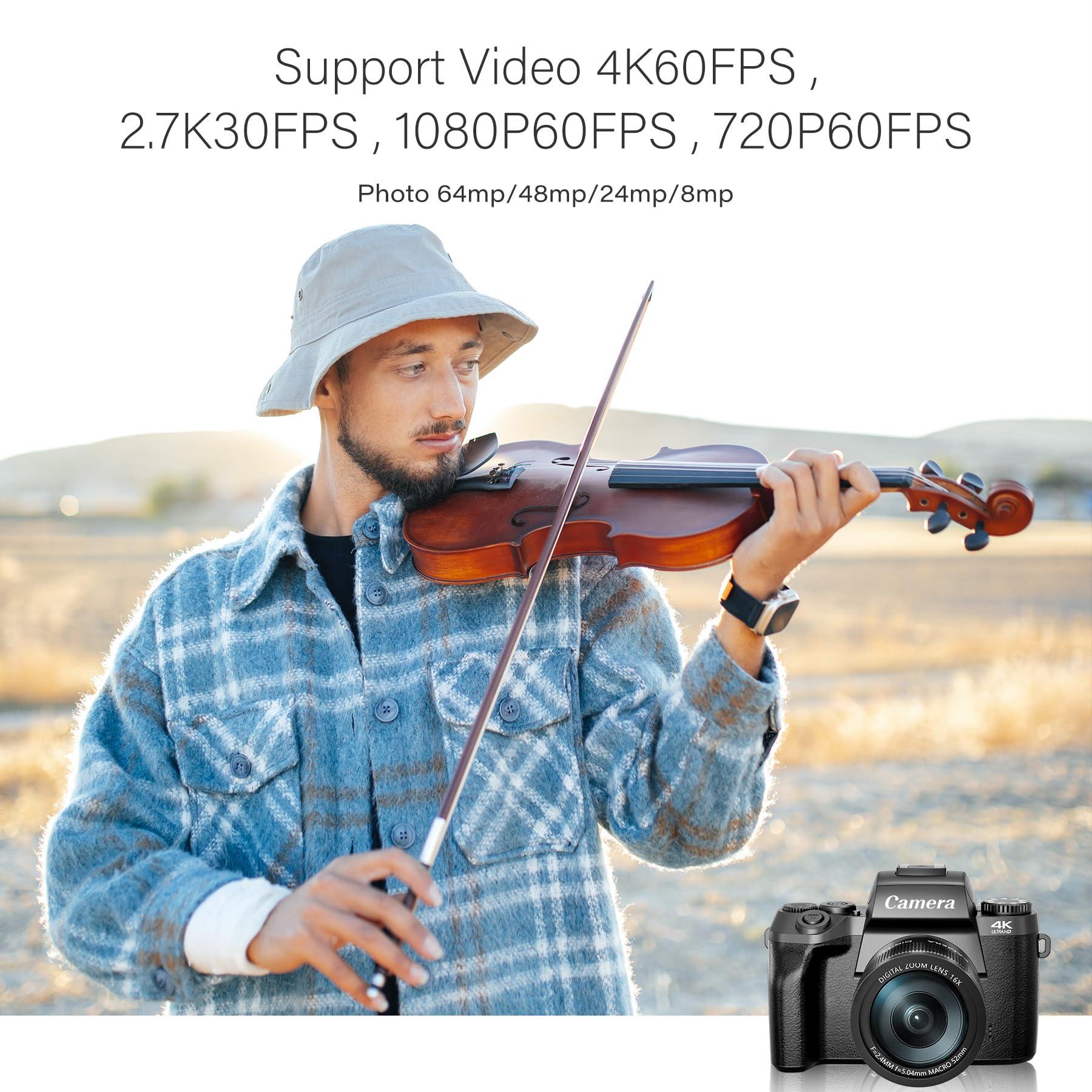 Saneen Digital Camera for Photography, 4K 64MP WiFi Touch Screen Vlogging Camera with Flash, 32GB Micro Card, Lens Hood, 3000mAH Battery, Front and Rear Cameras, 4″Big Screen, Hot Shoe Interface-Black - Image 2