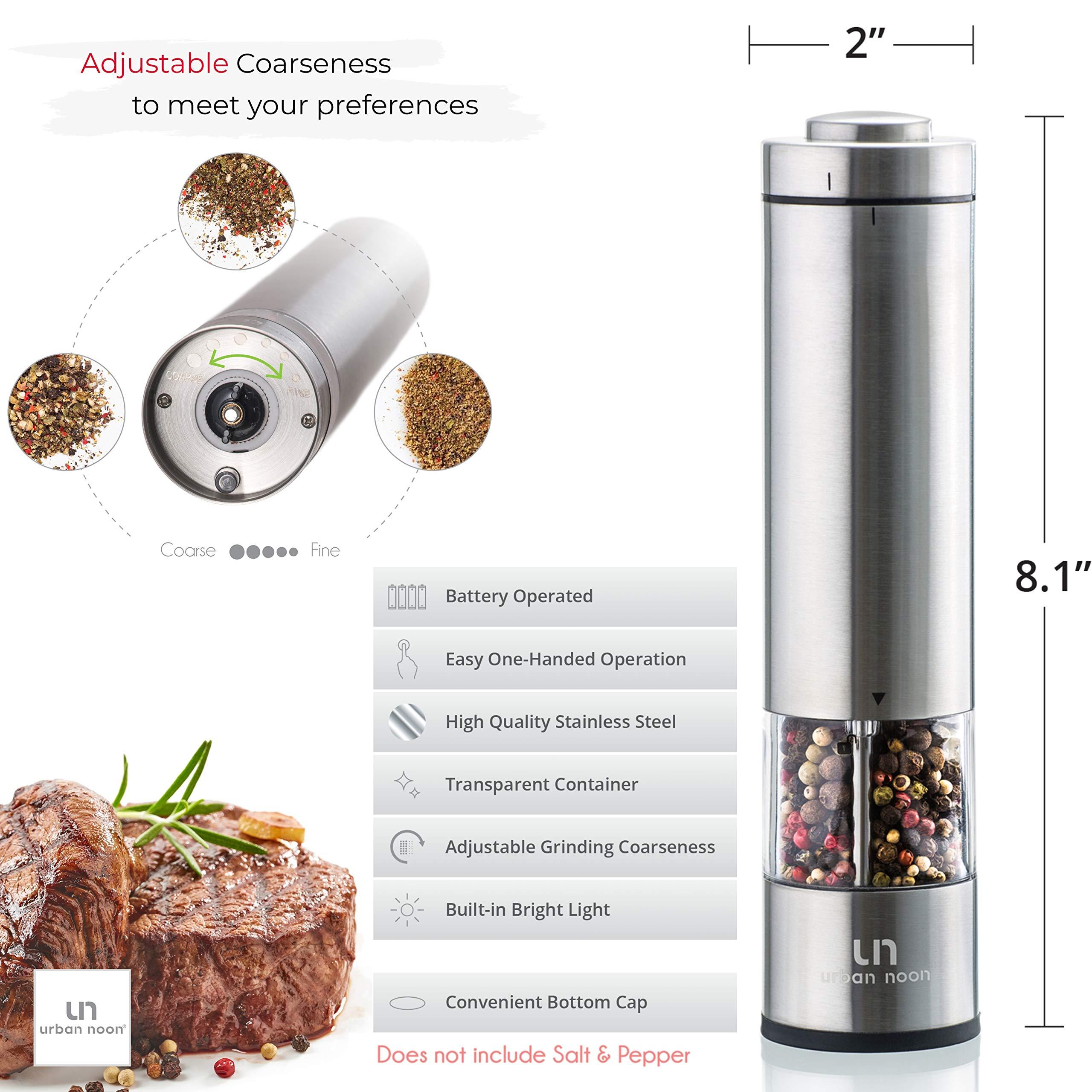 Electric Salt and Pepper Grinder Set - Battery Operated Stainless Steel Mill with Light (2 Mills) - Automatic One Handed Operation - Electronic Adjustable Shakers - Ceramic Grinders - Image 3