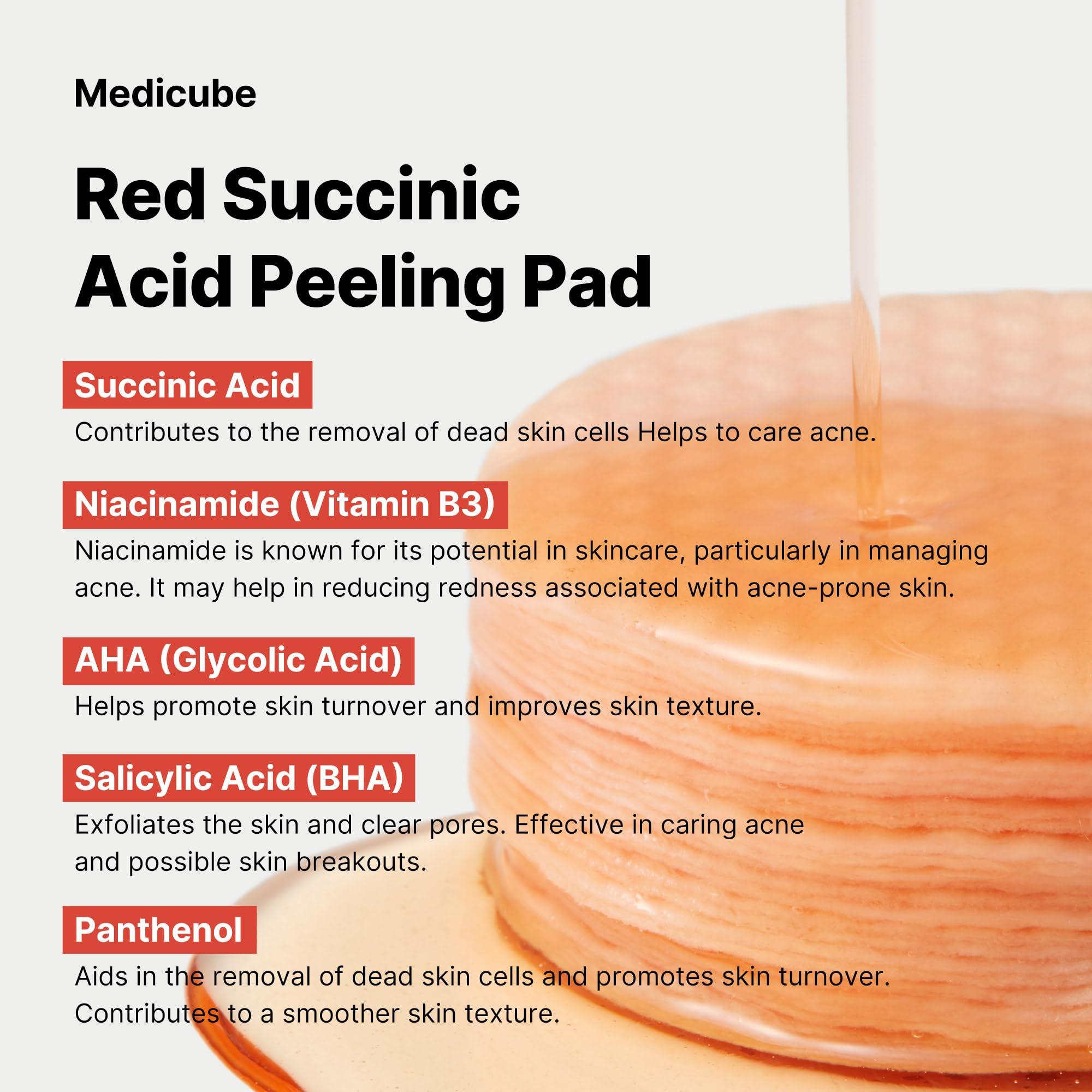 Medicube Red Succinic Acid Panthenol Facial Peeling Pads - Exfoliating Toner Pads for Breakout-Prone Skin with Niacinamide, AHA, BHA, and Soothing Panthenol - Non-Comedogenic - Image 3