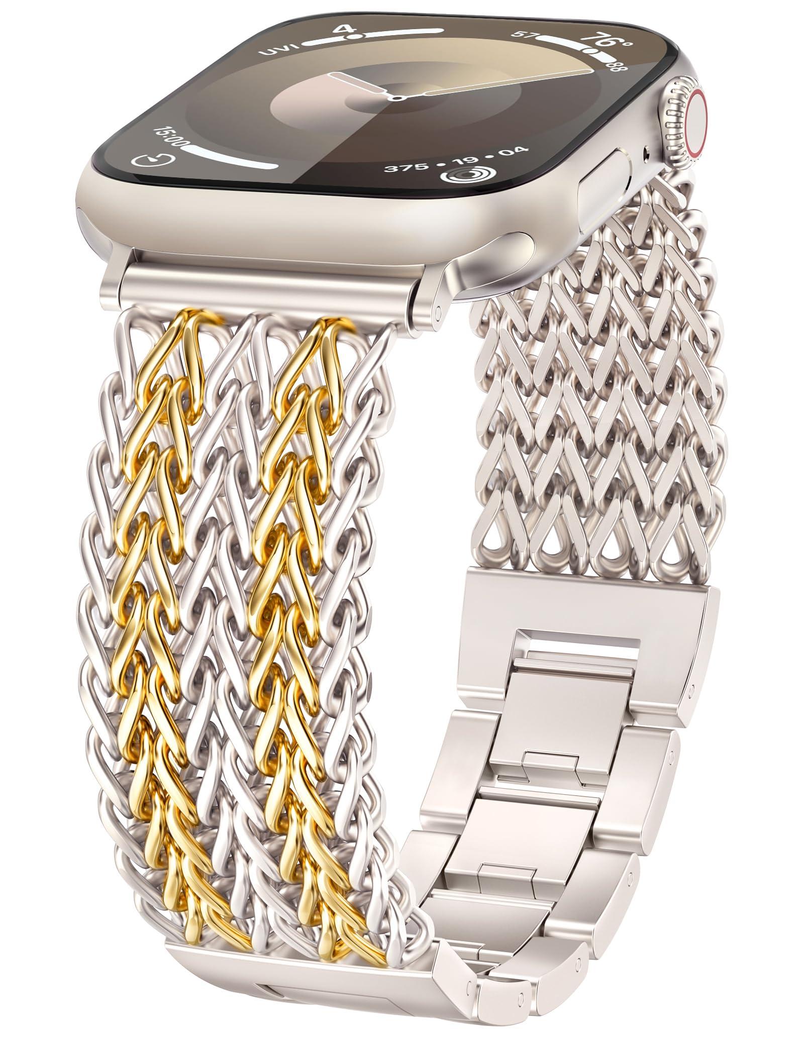 Minyee Compatible with Apple Watch Band 41/40/38/44/45/46/49/42mm Women, Dressy Stainless Steel Metal Chain Strap Designer Starlight Link Bracelet Wristband for iWatch Series 10 9 8 7 6 5 4 Ultra SE