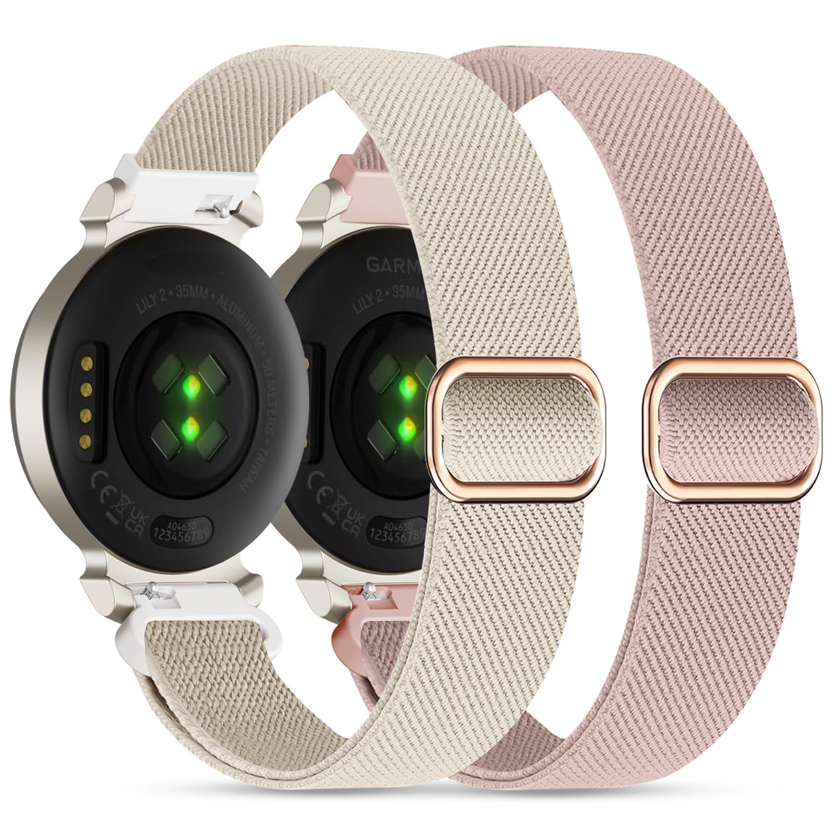 Elastic Nylon Bands Compatible with Garmin Lily 2, 14mm Stretchy Nylon 2 Pack Soft Loop Straps Quick Release Replacement Adjustable Wristband for Lily 2 Classic/Active Smart Watch Accessory for Women