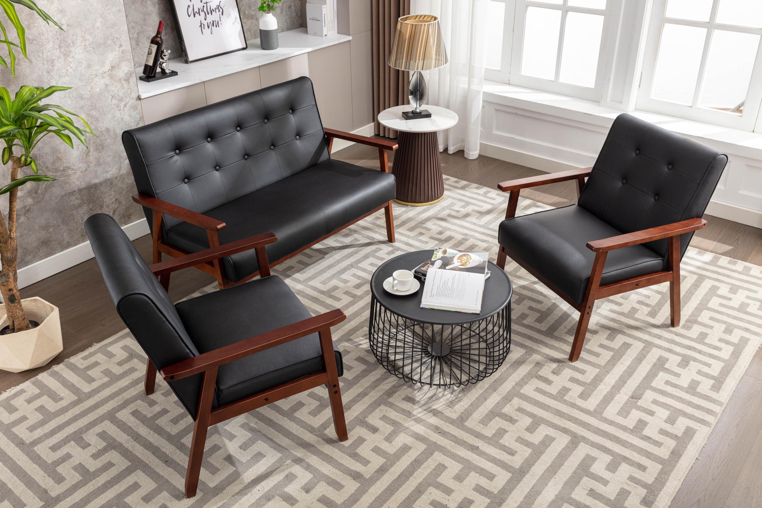 JIASTING Mid Century 1 Loveseat Sofa and 2 Accent Chairs Set Modern Wood Arm Couch and Chair Living Room Furniture Sets (8428 Black Set) - Image 7