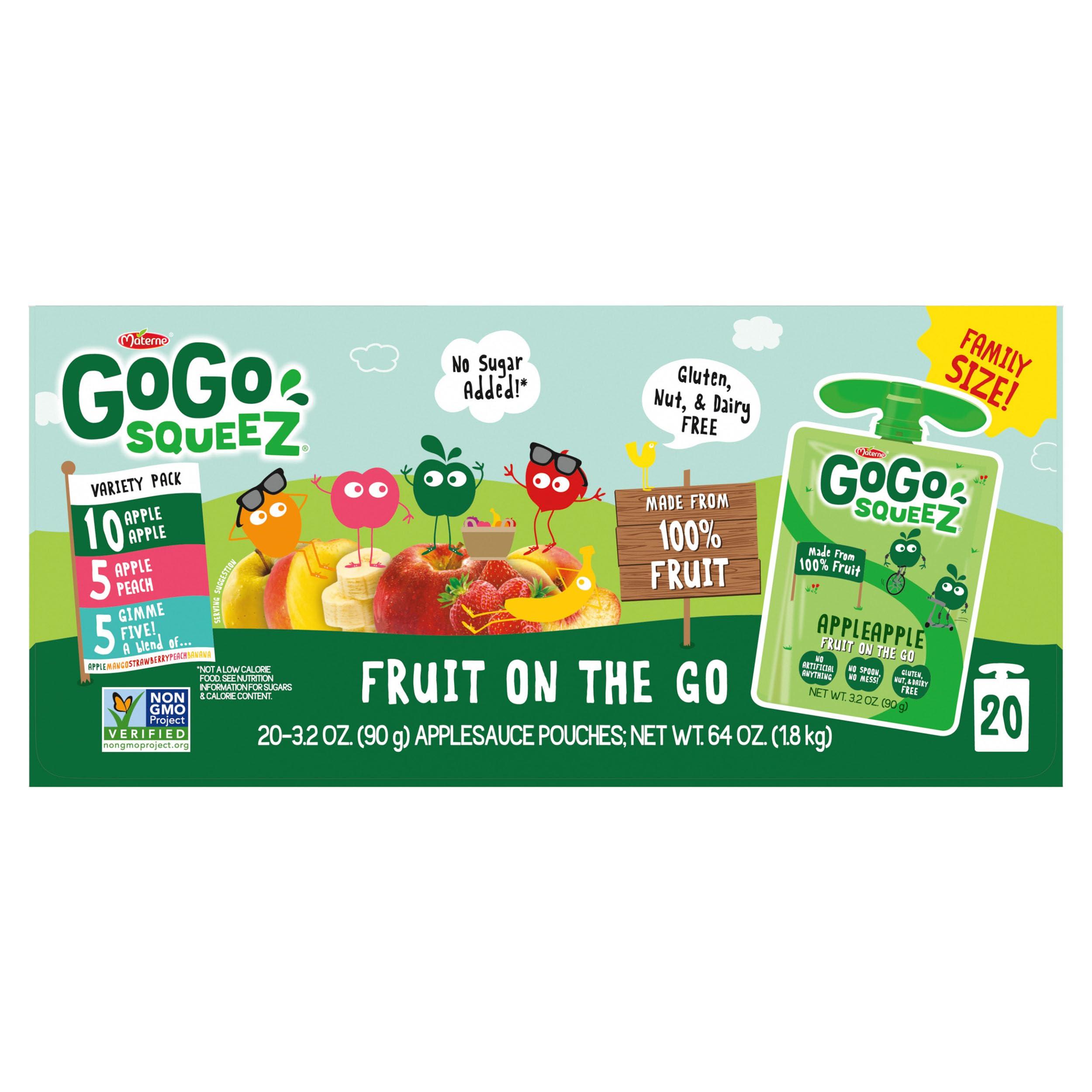 GoGo squeeZ Applesauce and Fruit Puree Variety Pack, Apple, Peach & Gimme Five!, 3.2 oz (Pack of 20), Unsweetened Fruit Snacks for Kids, Gluten Free, Nut Free and Dairy Free, BPA Free Pouches - Image 3