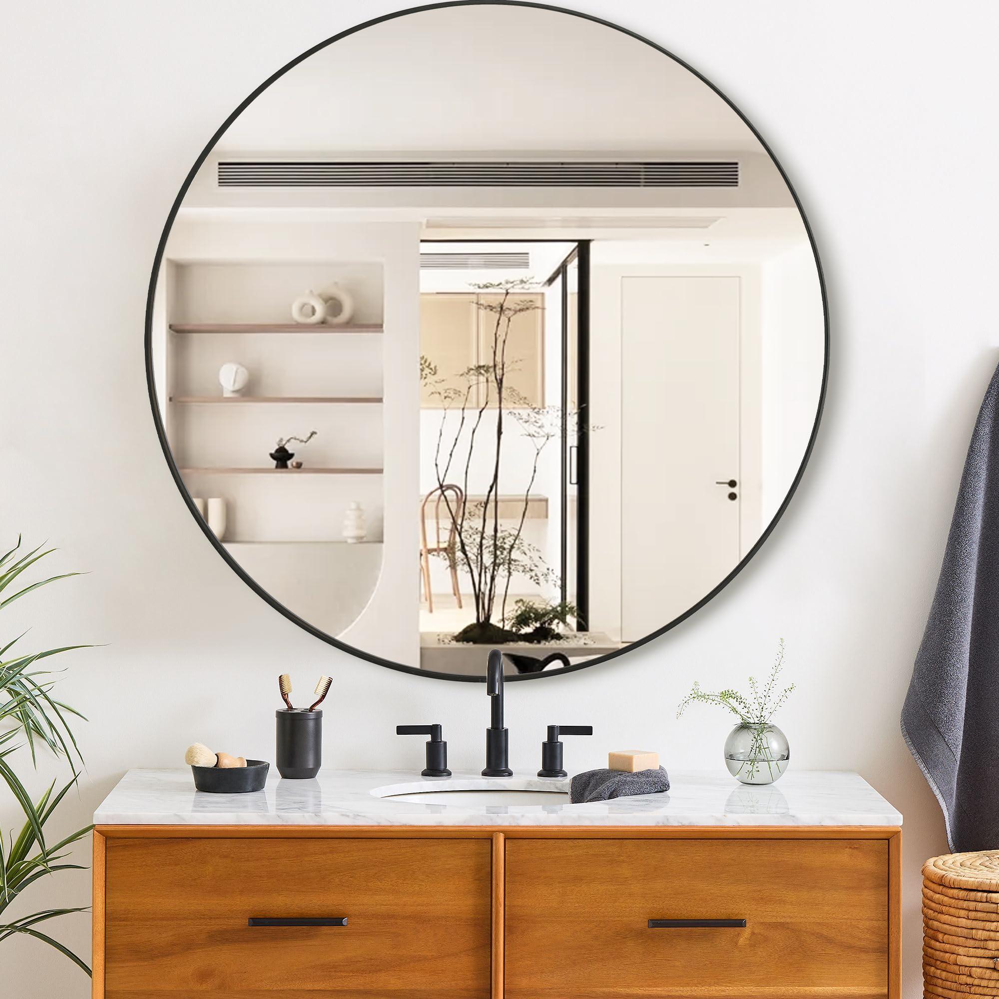 DUQIMO Round Wall Mirror 36 Inches,Large Circle Mirrors with Black Frame for Bathroom Entryway Bedroom & Living Room,Tempered Glass-Shatterproof Mirror(36" Black) - Image 5