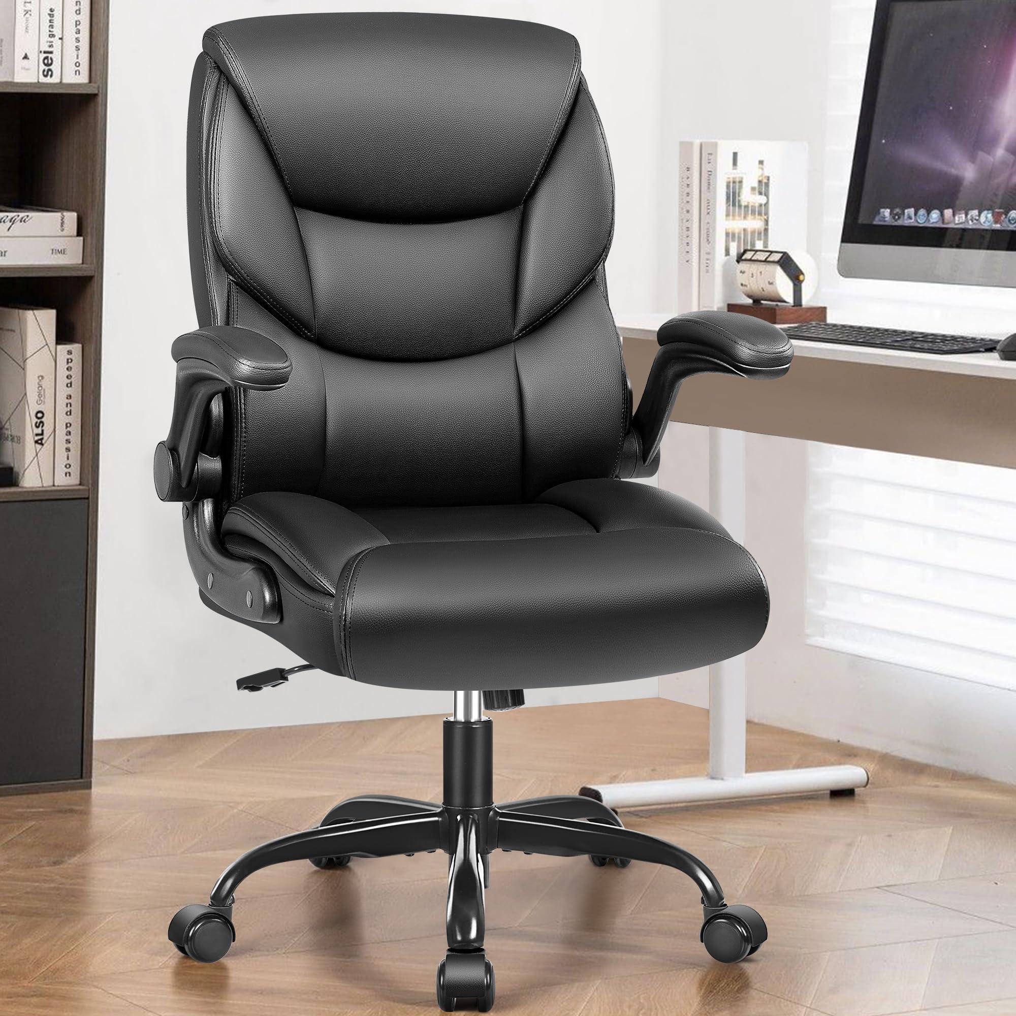 FelixKing Leather Office Chair - Small PU Ergonomic Desk Chair, Comfy Computer Chair with Wheels and Flip-up Armrests, Adjustable Height Mid Back Executive Office Chair for Short People-Black - Image 2