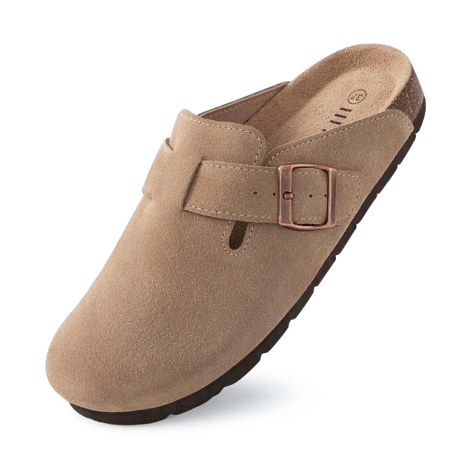 IIITHREE Women's Suede Clogs Cork Footbed Clogs for Women Soft Leather Adjustable Buckle Slip-on Potato Shoes Sandals