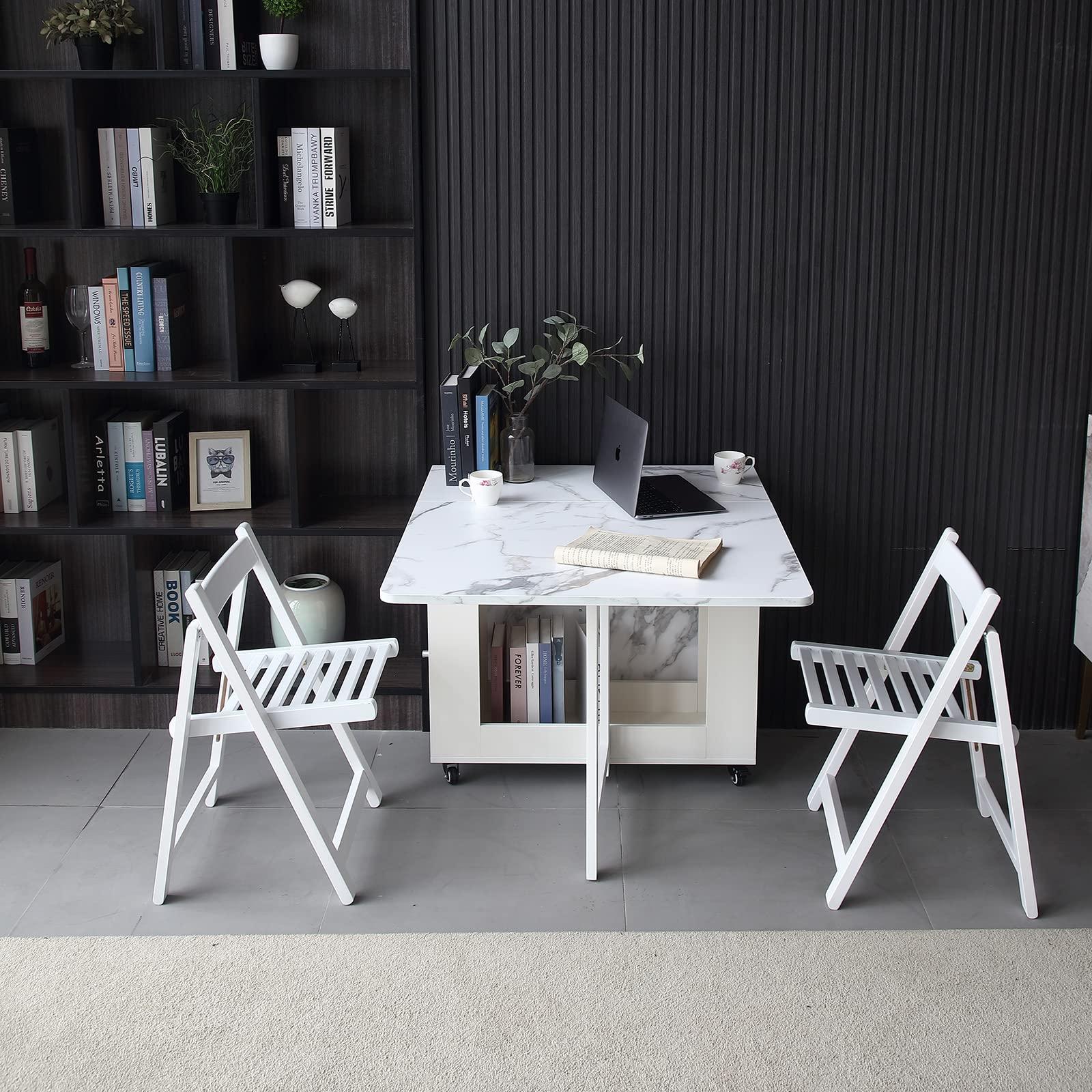 FUNROLUX Folding Dining Table with Rack and 2 Storage Drawers, Movable Extendable Space Saving Kitchen Table in 3 Forms (White) - Image 10