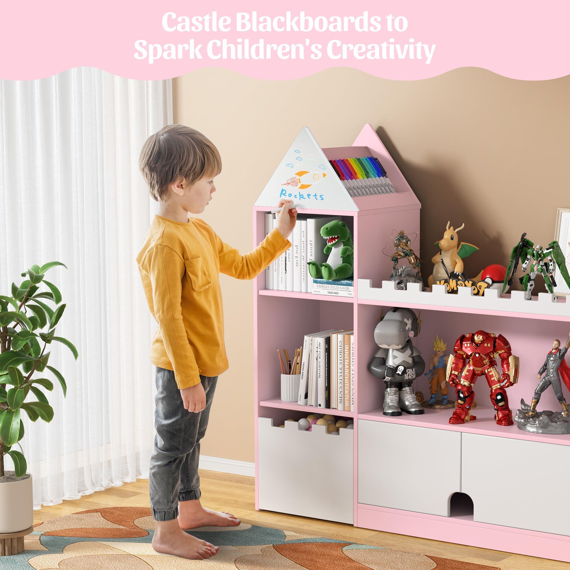 Decofy Toy Storage Organizer, Kids Castle Bookshelf, 6 Cubby Children Bookshelf, 39.4’’ Wood Montessori Shelf Baby Book Shelf for Nursery, Playroom, Living Room (Pink) - Image 3