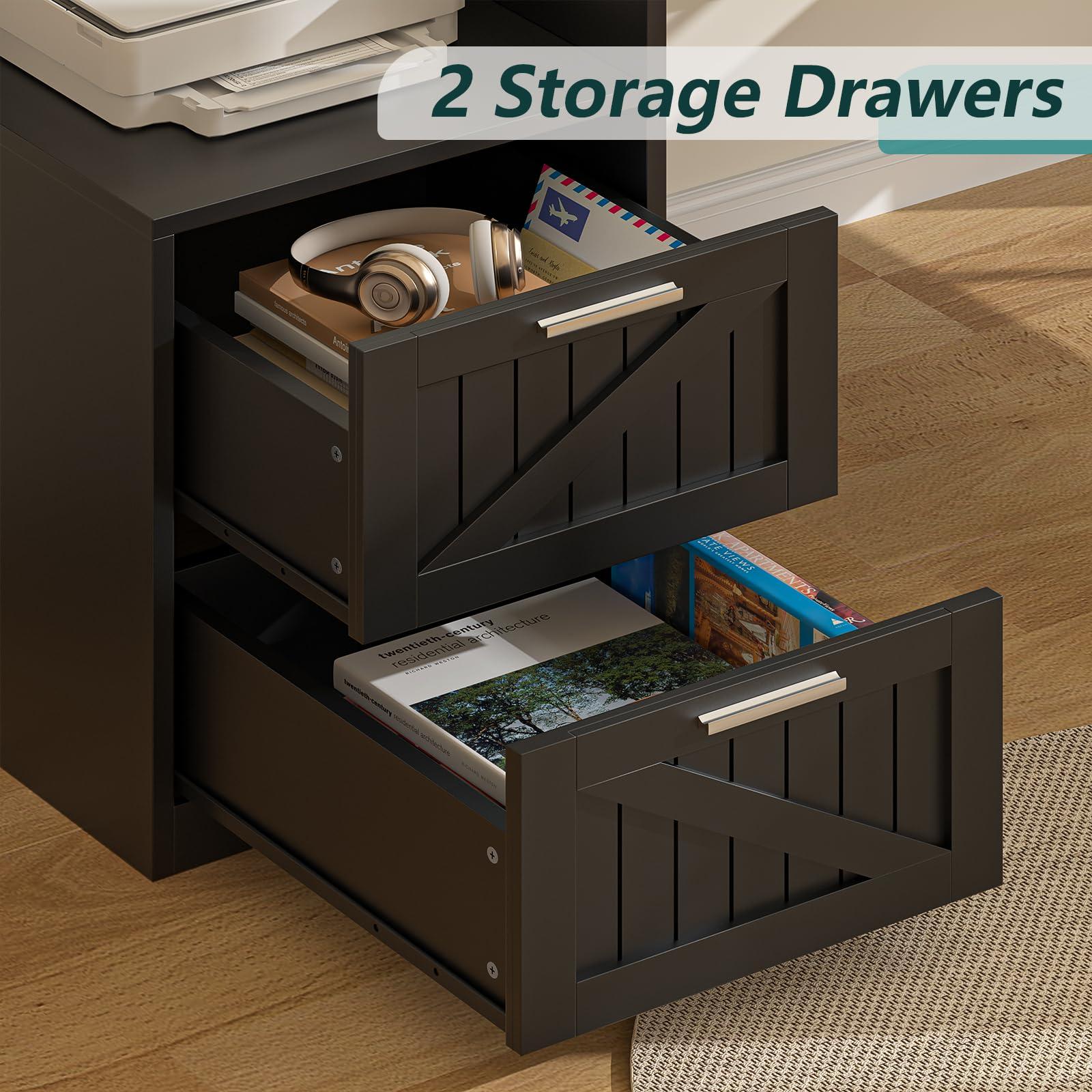 YOMILUVE 63" Farmhouse L Shaped Desk with Drawers & Storage Shelf, Corner Computer Desk with Power Outlets for Home Office, Executive Desk with Monitor Stand, Printer Shelf, Black - Image 4
