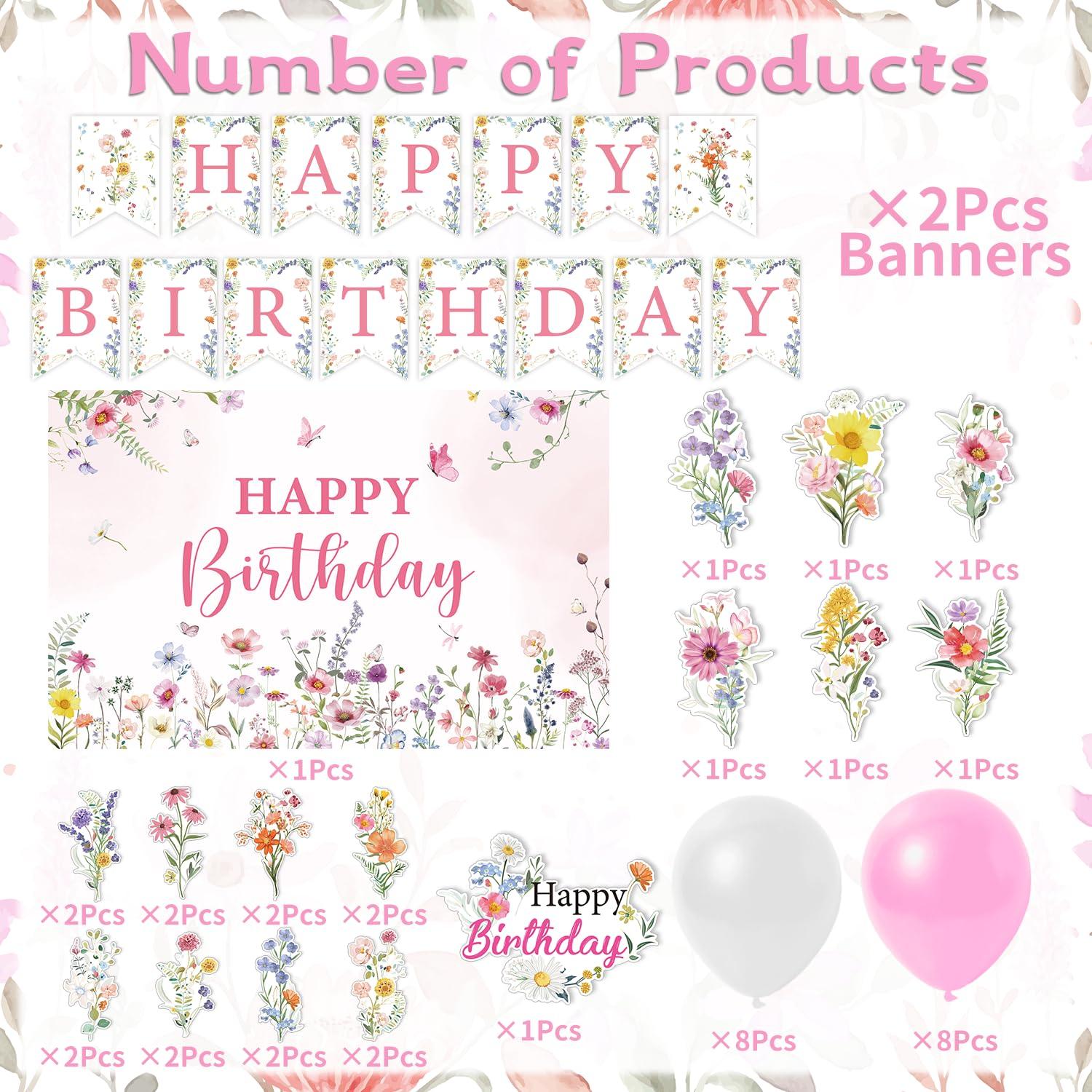 Rngmsi Flower Birthday Decorations Set - 42PCS Wildflower Floral Birthday Decor Party Supplies for Girls Women Happy Birthday Banners Balloons Backdrop Hanging Swirls Cake Topper Cupcake Toppers - Image 4
