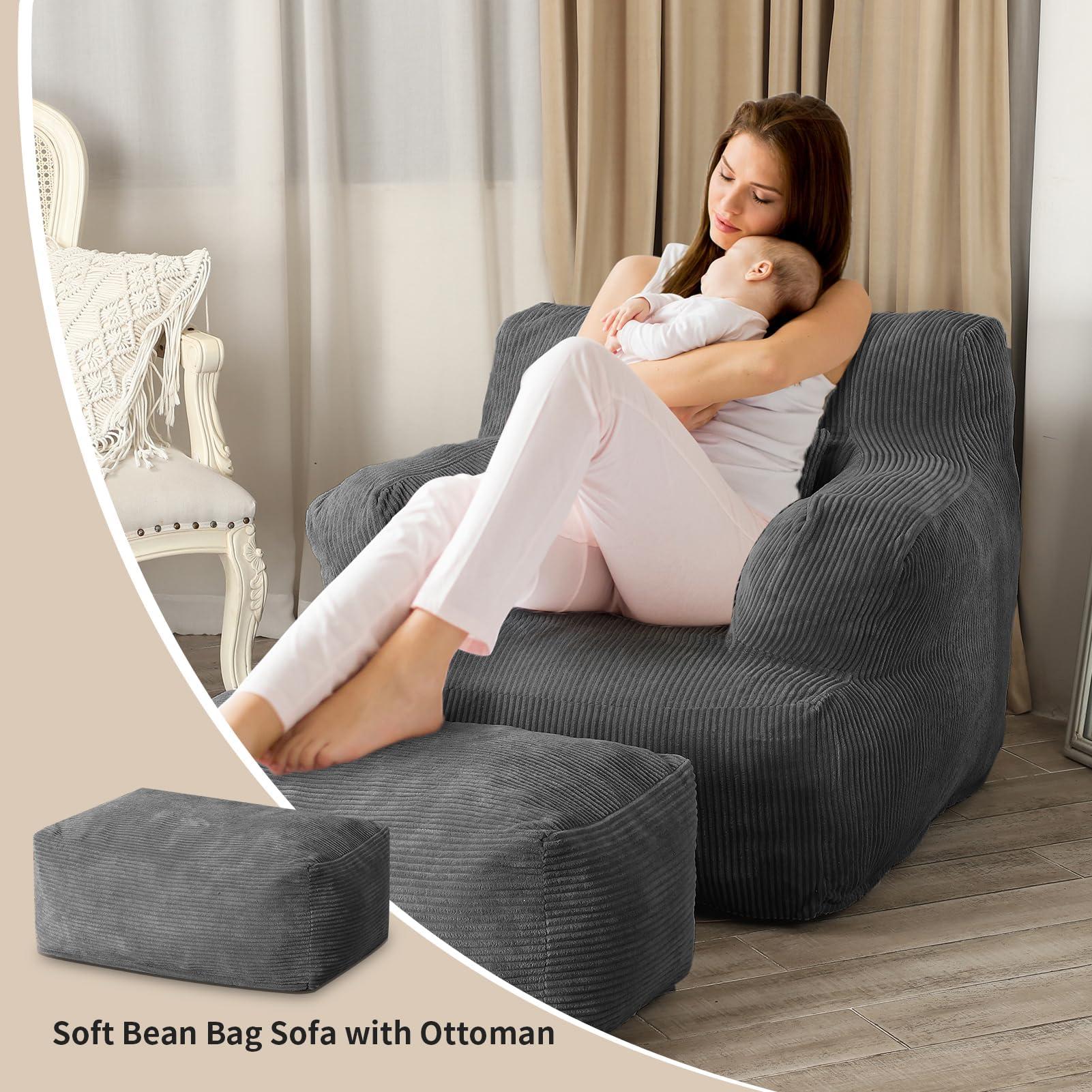 Giant Bean Bag Chair for Adults, Bean Bag Sofa Chair with Ottoman, Comfy Reading Chair for Dorm Room, Dark Grey - Image 6