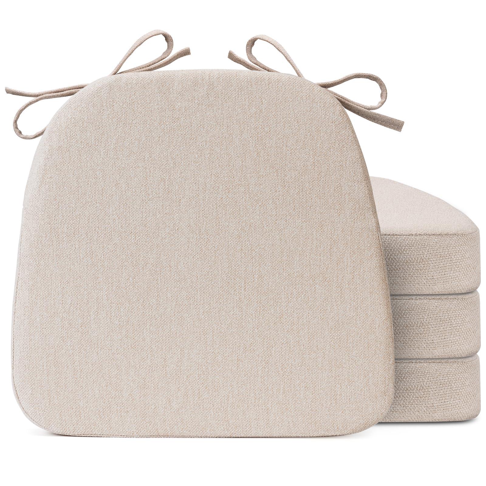 Sunsleek Chair Cushions for Dining Chairs, D-Shaped Seat Cushions with Removable Washable Cover and Ties, Chair Pads for Kitchen, Indoor Dining Room, Patio Chairs, 17'' x 16'', Set of 4, Beige