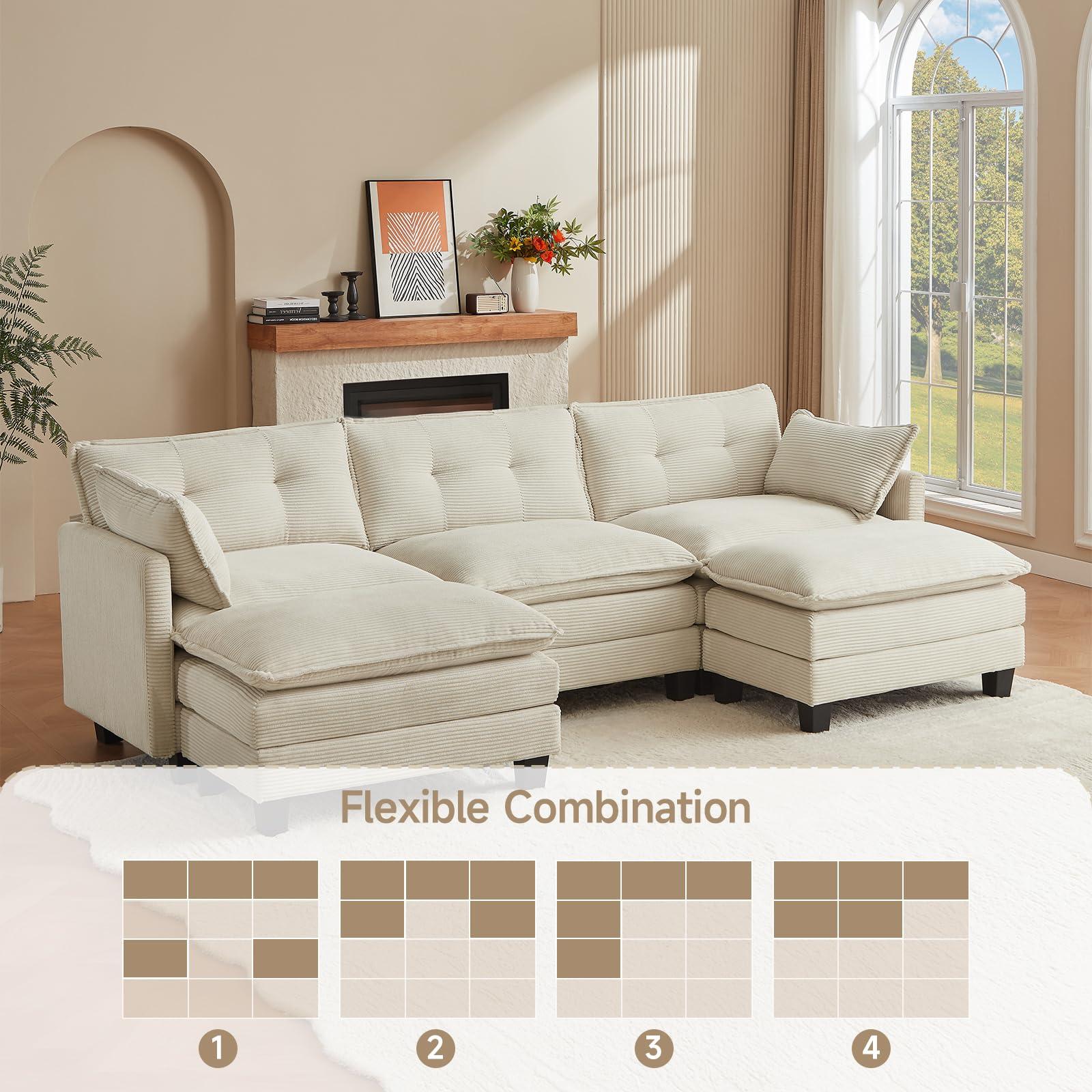 Amsleekey Modular Sectional Sofa, 111.5" U-Shaped Corduroy Comfy Sectional Couches for Living Room, 3-Seater Cloud Couches with 2 Movable Ottomans, Flexible Combination Modern Deep Seat Sofa (Beige) - Image 7
