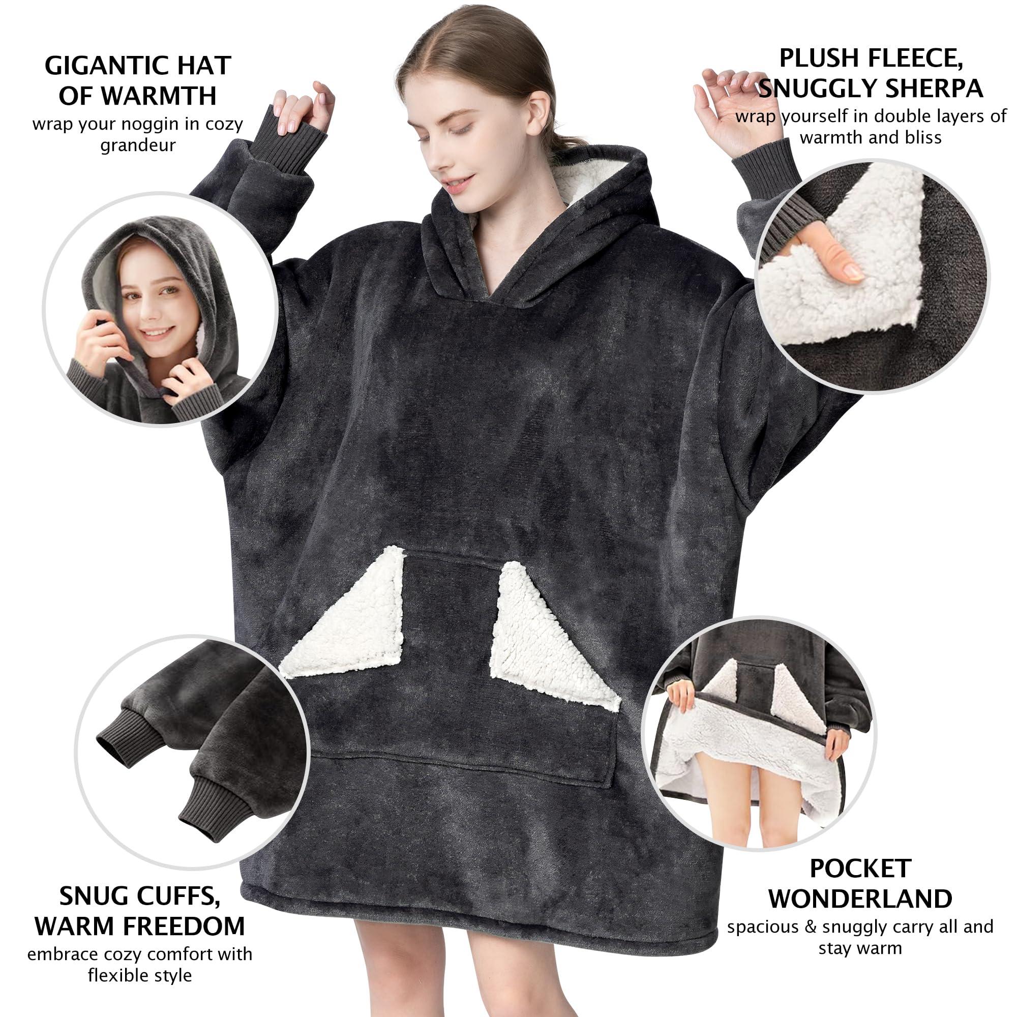 Touchat Wearable Blanket Hoodie, Oversized Sherpa Fleece Sweatshirt Blanket with Giant Hood Pocket and Sleeves for Adult, Warm & Cozy Grey Blanket Gifts for Women - Image 4