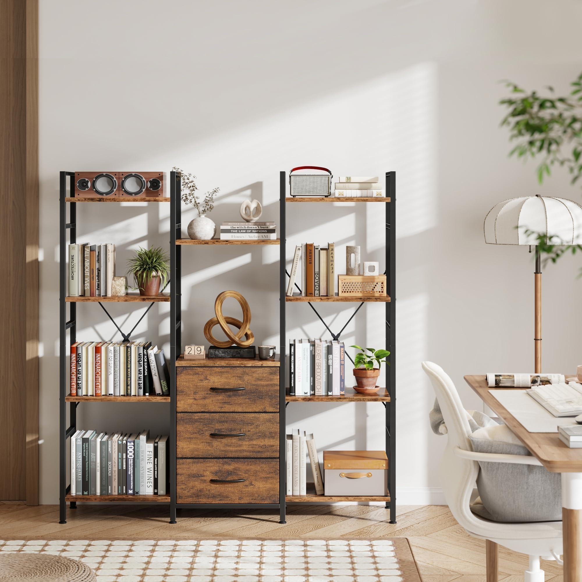 AFLUI Triple Bookshelf with 3 Fabric Drawers, 4-Tier Book Shelf and 10 Display Shelves, Industrial Large Bookcase for Home & Office, Rustic Brown, 47'' Wide - Image 8