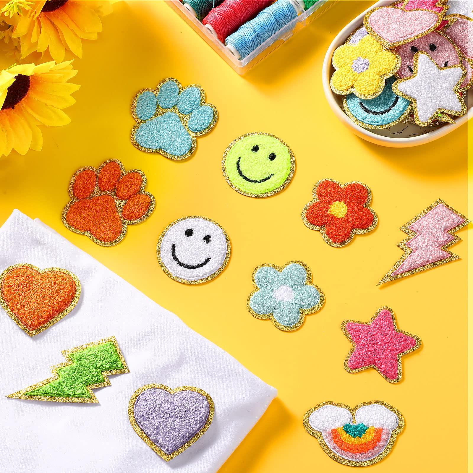Yilloog 156 Pcs Glitter Self Adhesive Letters Chenille Clothing Patches Embroidered Repair Fuzzy Patches Alphabet Gold Trimmed Preppy Clothing Badges Sewing Appliques(Rainbow, Cute) - Image 2