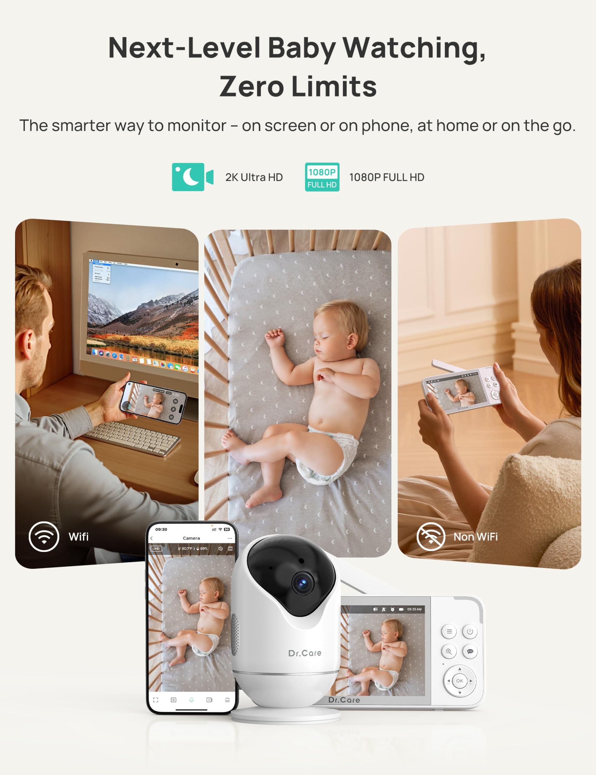 Dr.Care VistaView Smart WiFi Baby Monitor - 5” 1080P Split Screen & 2K Camera App Control, Cry & Motion Alerts, HD Night Vision, 5000mAh Battery, 2-Way Talk, Multi-User, Triple Security, 1279ft Range - Image 2