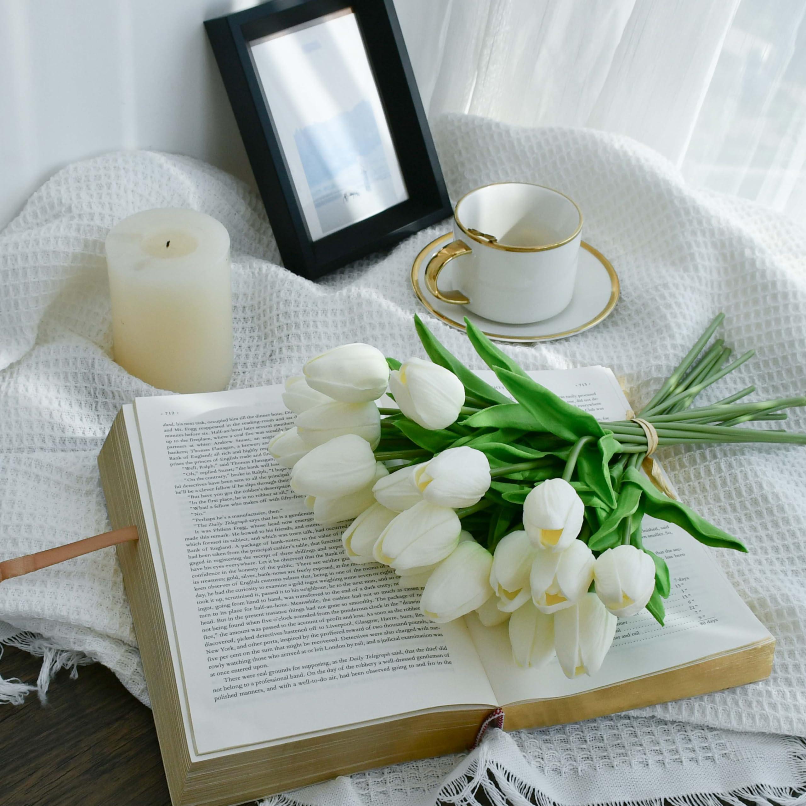 Mandy's Artificial Tulips 20 Stems White PU Faux Flowers for Wedding Home Decor 13.5 Inch - Image 2