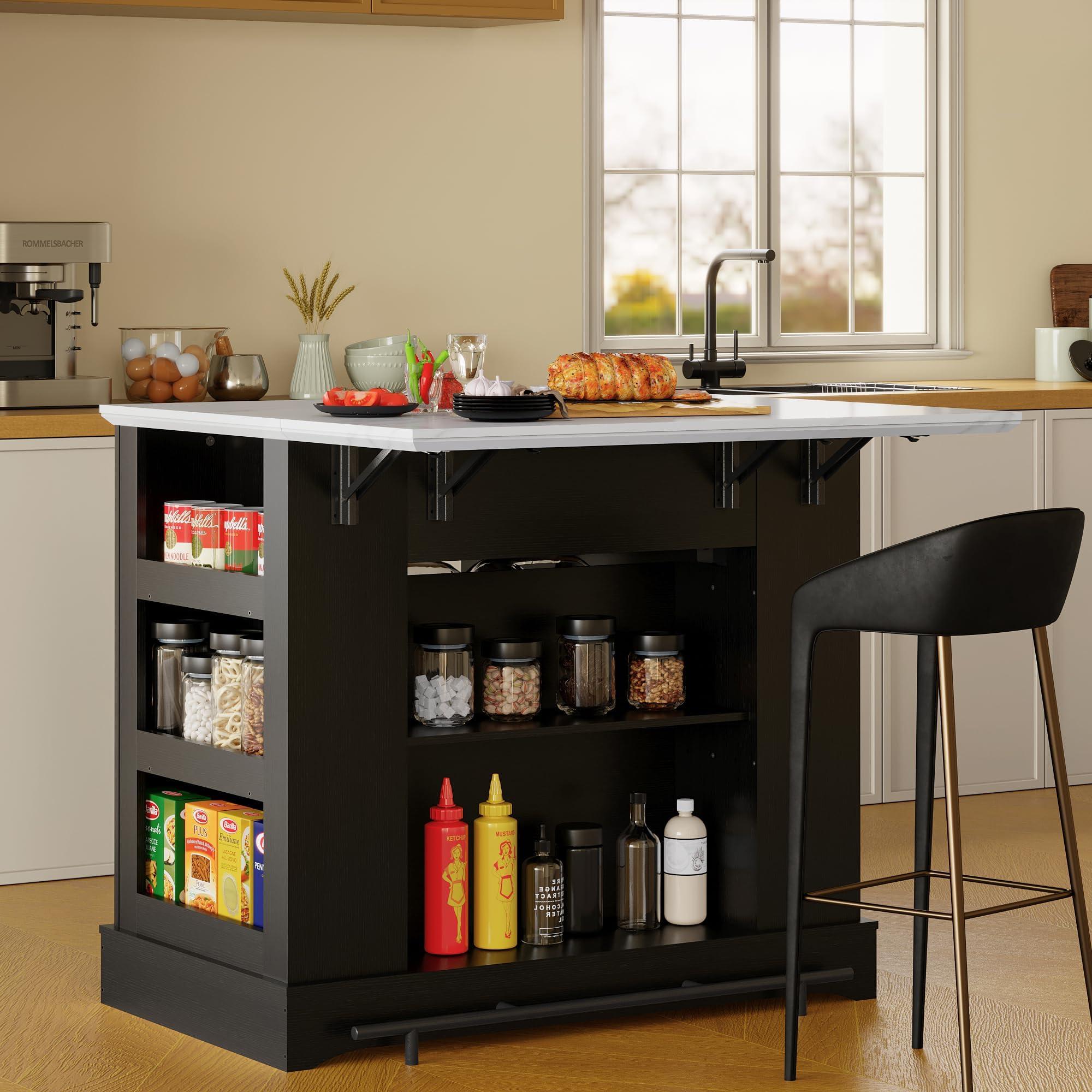 FUSUNBAO Large Kitchen Island with Storage & Power Outlet, Drawer, Adjustable Shelves, Side Open Compartments, and Drop Leaf,Island Table for Kitchen with Footrest,Black - Image 7
