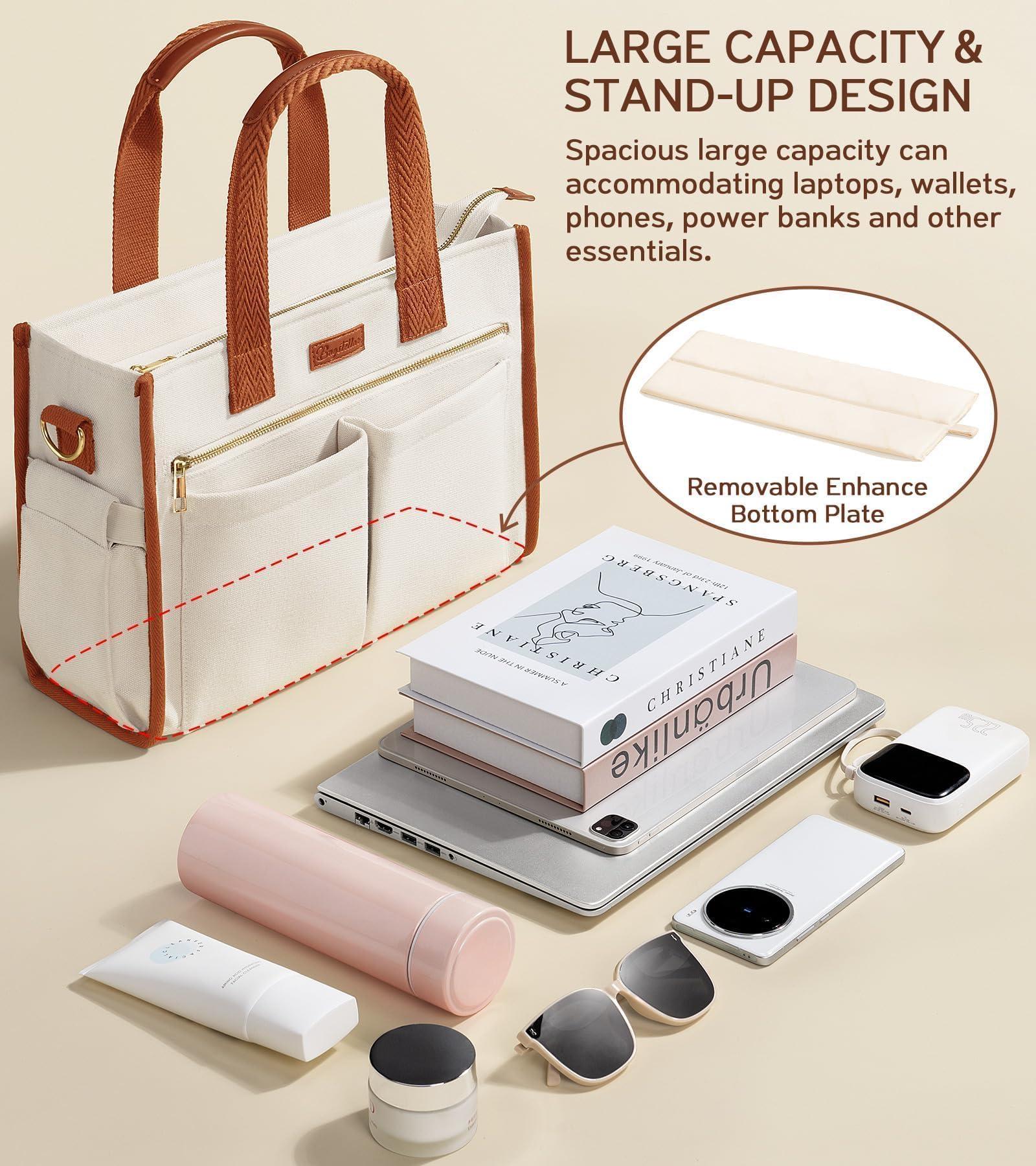 Canvas Tote Bag for Women, 15-Pocket Large Crossbody Handbag Bible Laptop Bag Zipper Bookbag for Teacher Work Travel College - Image 4