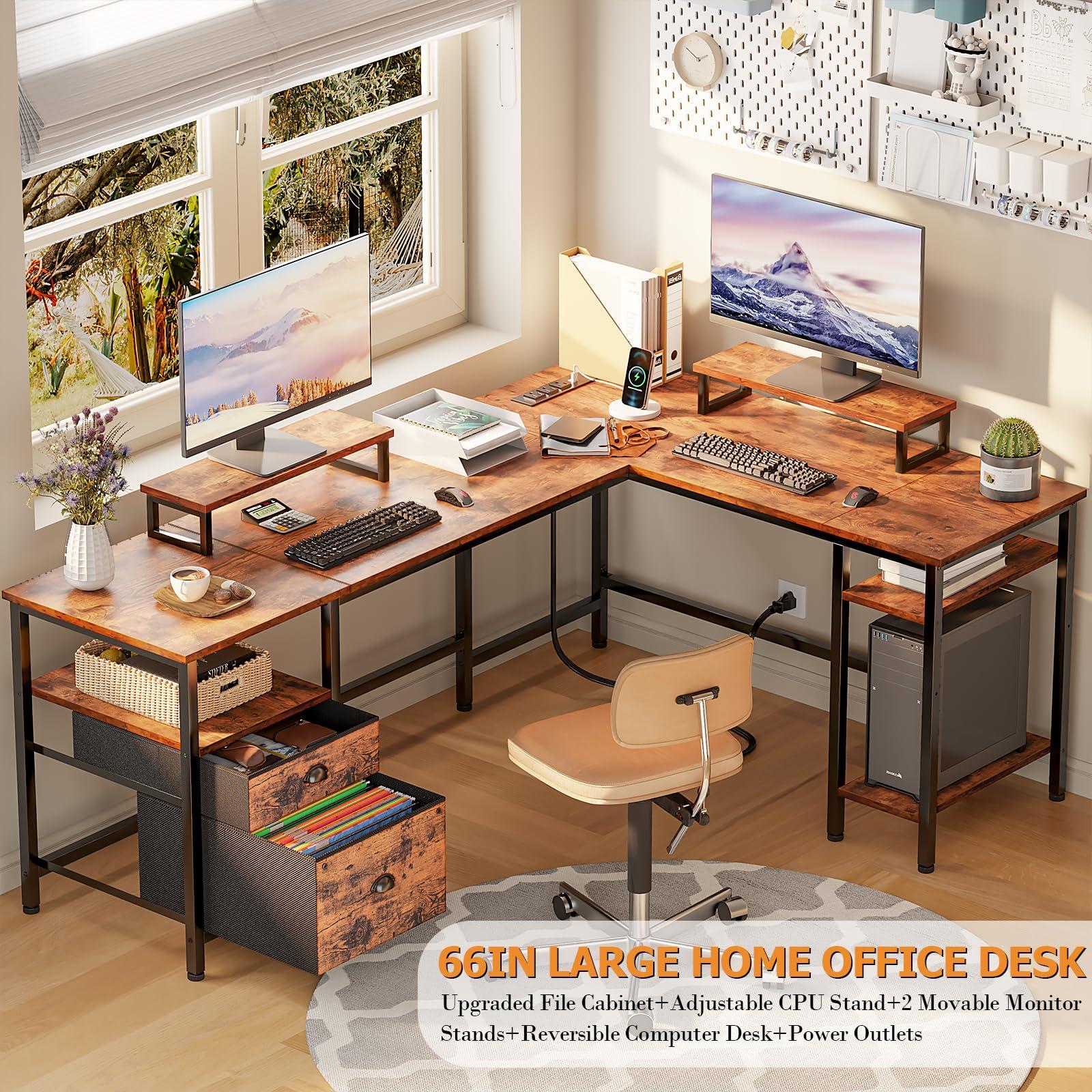 Furologee 66” L Shaped Desk with Power Outlet, Reversible Computer Gaming Desk with File Drawer & 2 Monitor Stands for Home Office with Storage Shelves, Rustic Brown - Image 4