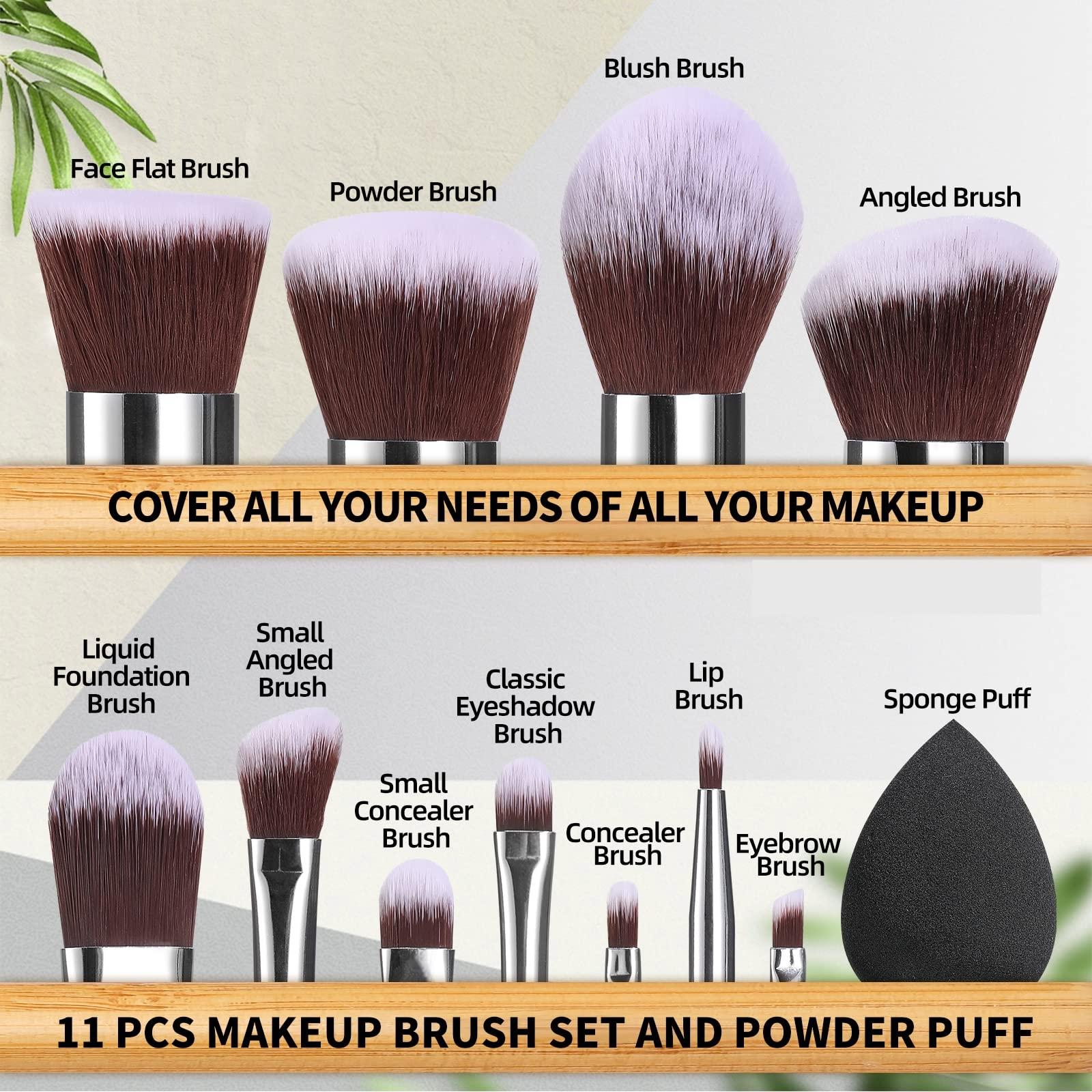 BS-MALL Makeup Brush Set 11Pcs Bamboo Synthetic Kabuki Brush Set Foundation Powder Blending Concealer Eye shadows Blush Cosmetics Brushes with Organizer Bag & Makeup Sponge - Image 4